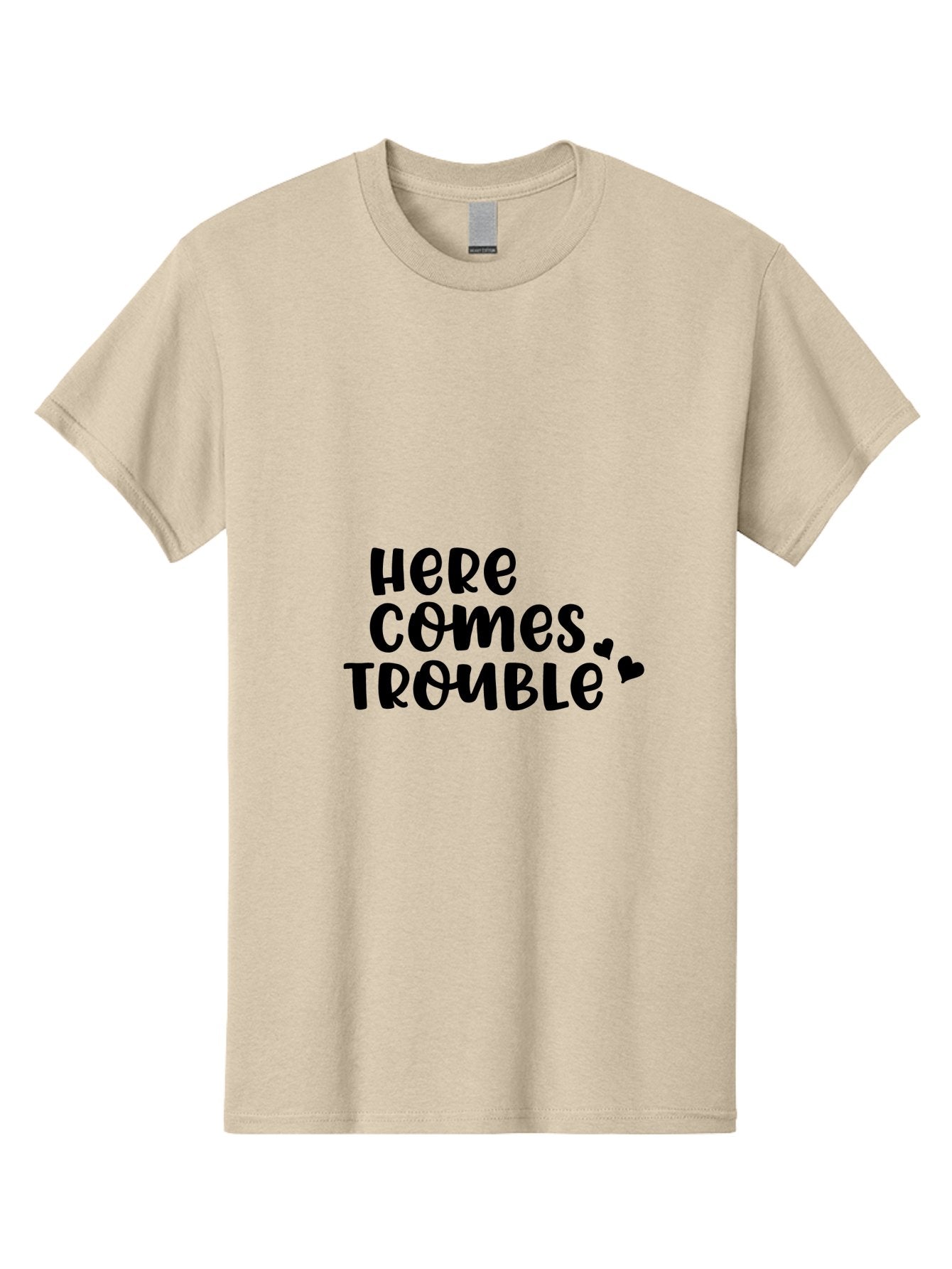 Here-Comes-Trouble Men'S Graphic Tee, 100% Cotton, Comfortable Casual Summer Wear, Machine Washable, Funny Quote, Trouble Ahead, Playful Typography, Black Text, Heart Symbols, Humorous Phrase, Trouble, Cute Hearts Aac816 9