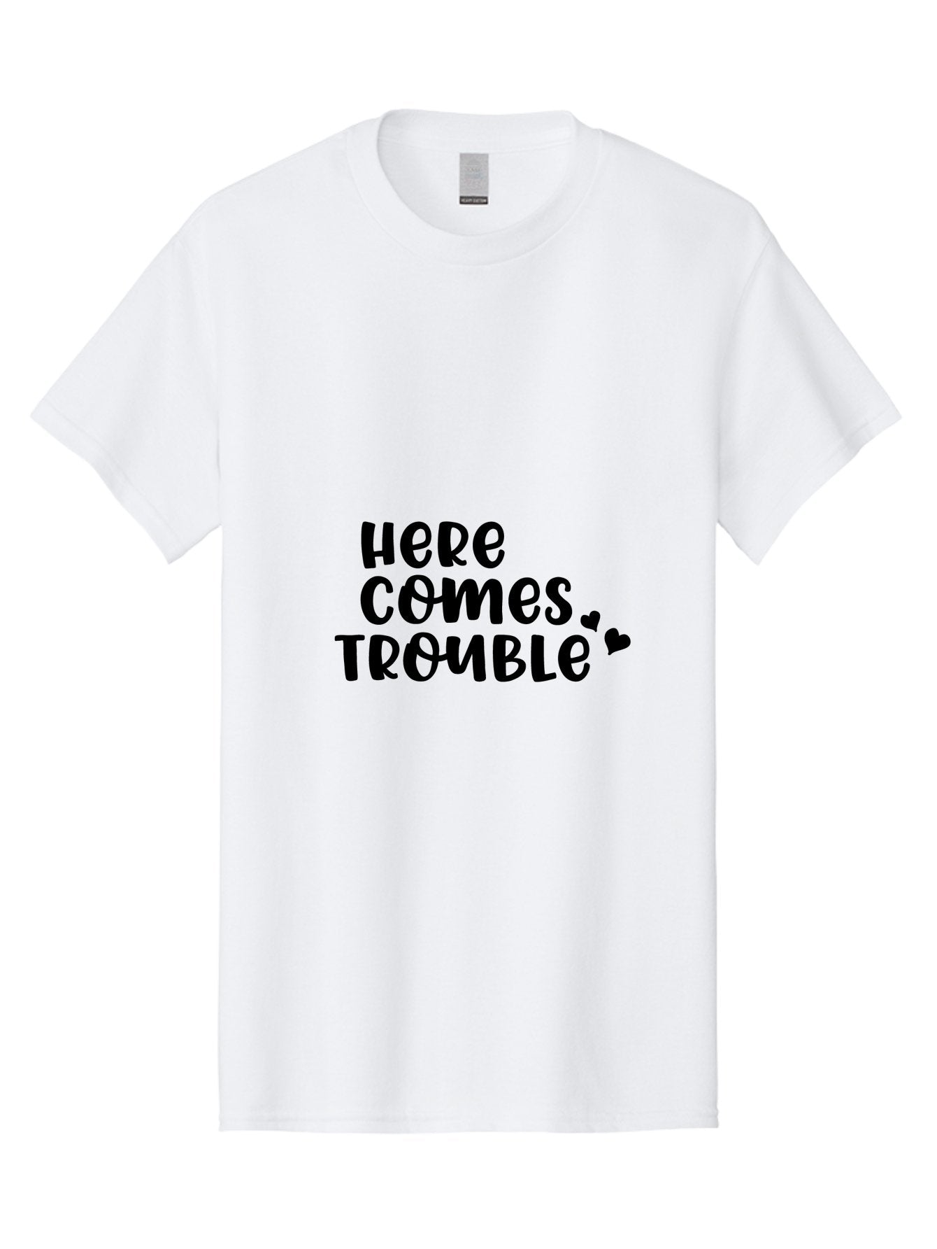 Here-Comes-Trouble Men'S Graphic Tee, 100% Cotton, Comfortable Casual Summer Wear, Machine Washable, Funny Quote, Trouble Ahead, Playful Typography, Black Text, Heart Symbols, Humorous Phrase, Trouble, Cute Hearts Aac816 7