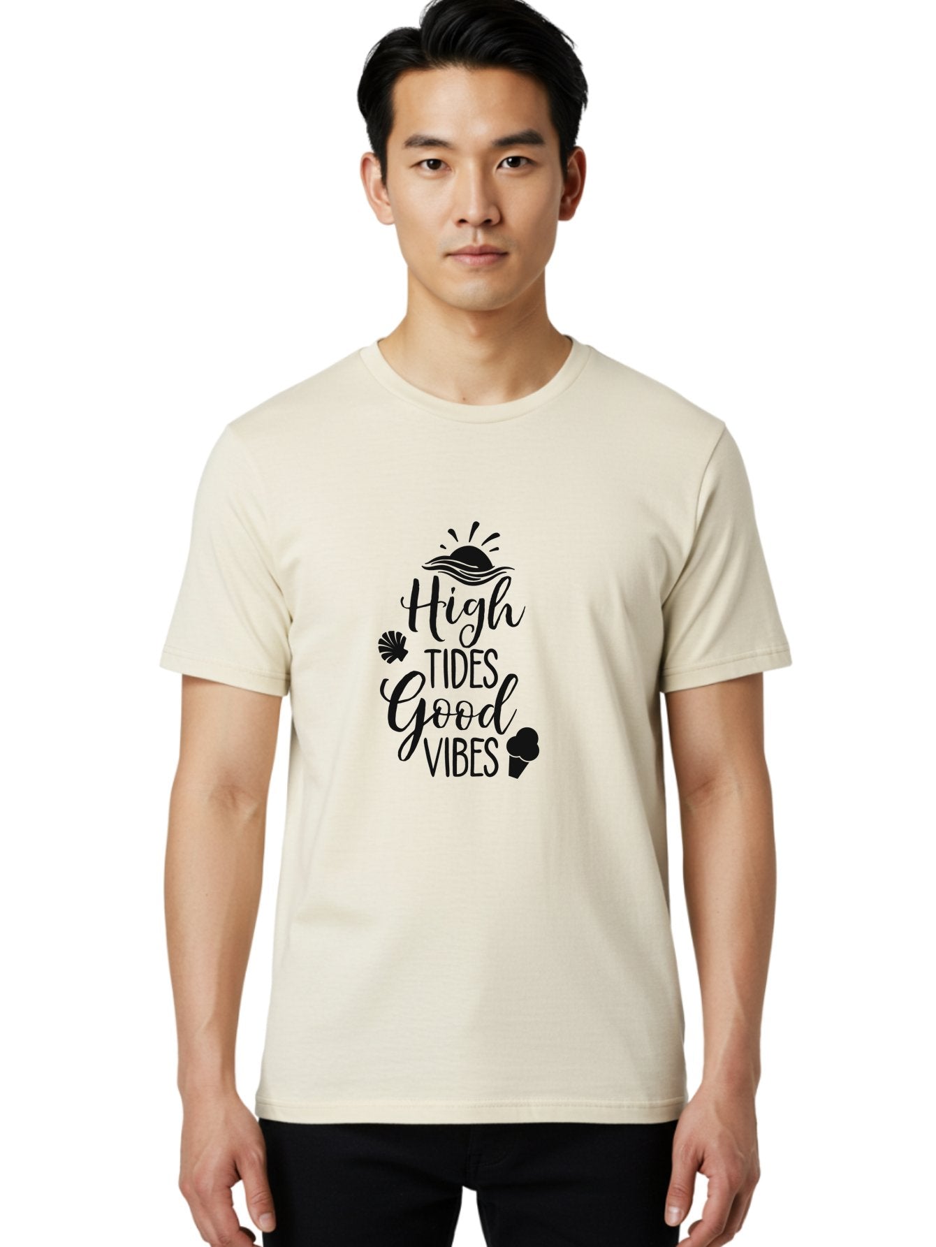 High-Tides-Good-Vibes Men'S Graphic Tee, 100% Cotton, Comfortable Casual Summer Wear, Machine Washable, Ocean Inspiration, Beach Vibes, Good Energy, Sea Shells, Positive Affirmations, Coastal Lifestyle, Motivational Quotes, Summer Vibes Aac819 24