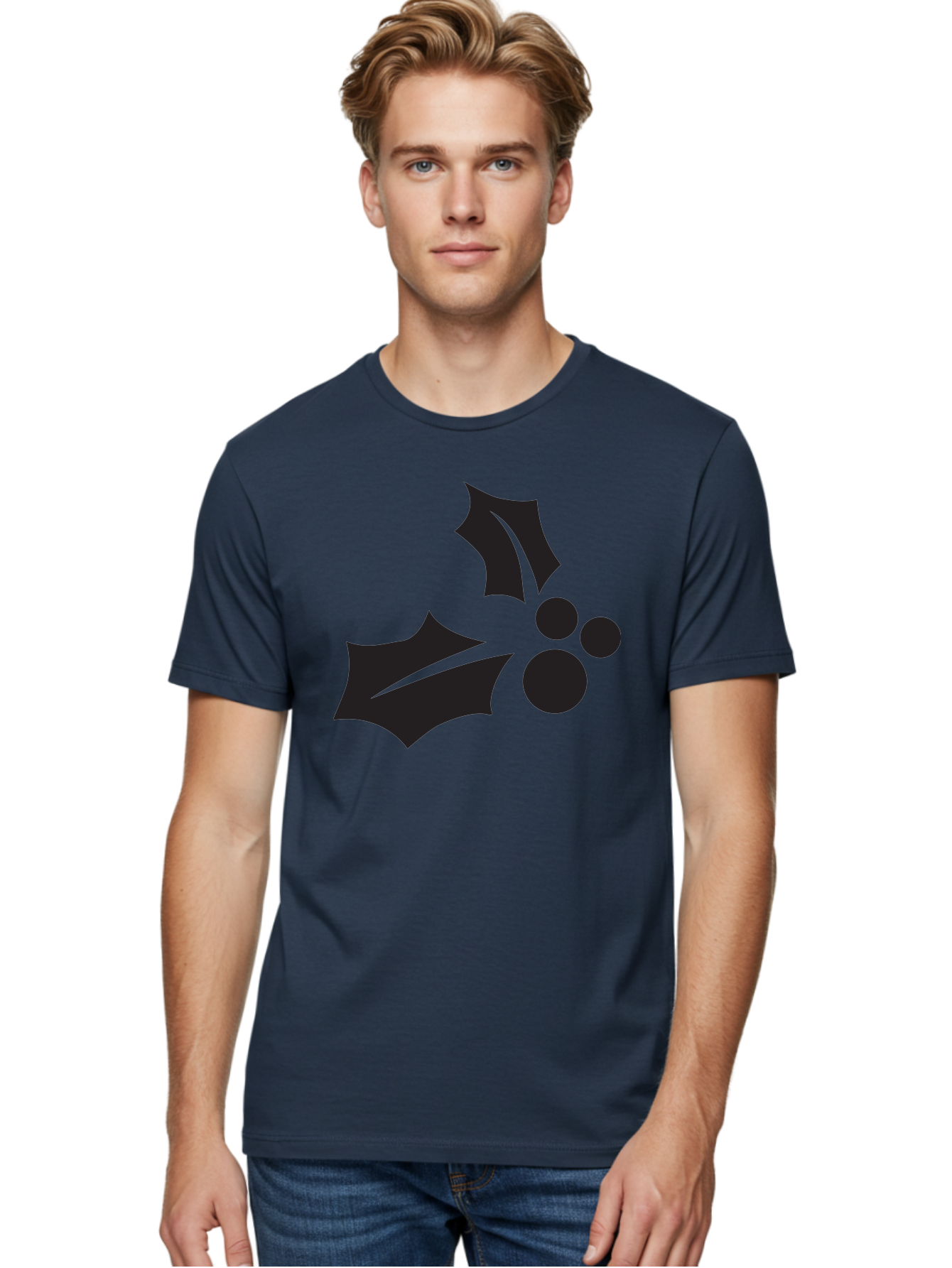 Holly-Leaves-And-Berries Men'S Graphic Tee, 100% Cotton, Comfortable Casual Summer Wear, Machine Washable, Holiday Holly, Christmas Leaves, Festive Berries, Black Silhouette, Minimalist Design, Winter Decor, Seasonal Graphics Aac823