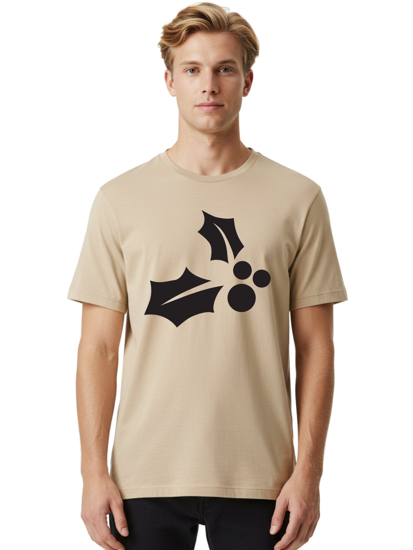 Holly-Leaves-And-Berries Men'S Graphic Tee, 100% Cotton, Comfortable Casual Summer Wear, Machine Washable, Holiday Holly, Christmas Leaves, Festive Berries, Black Silhouette, Minimalist Design, Winter Decor, Seasonal Graphics Aac823 25