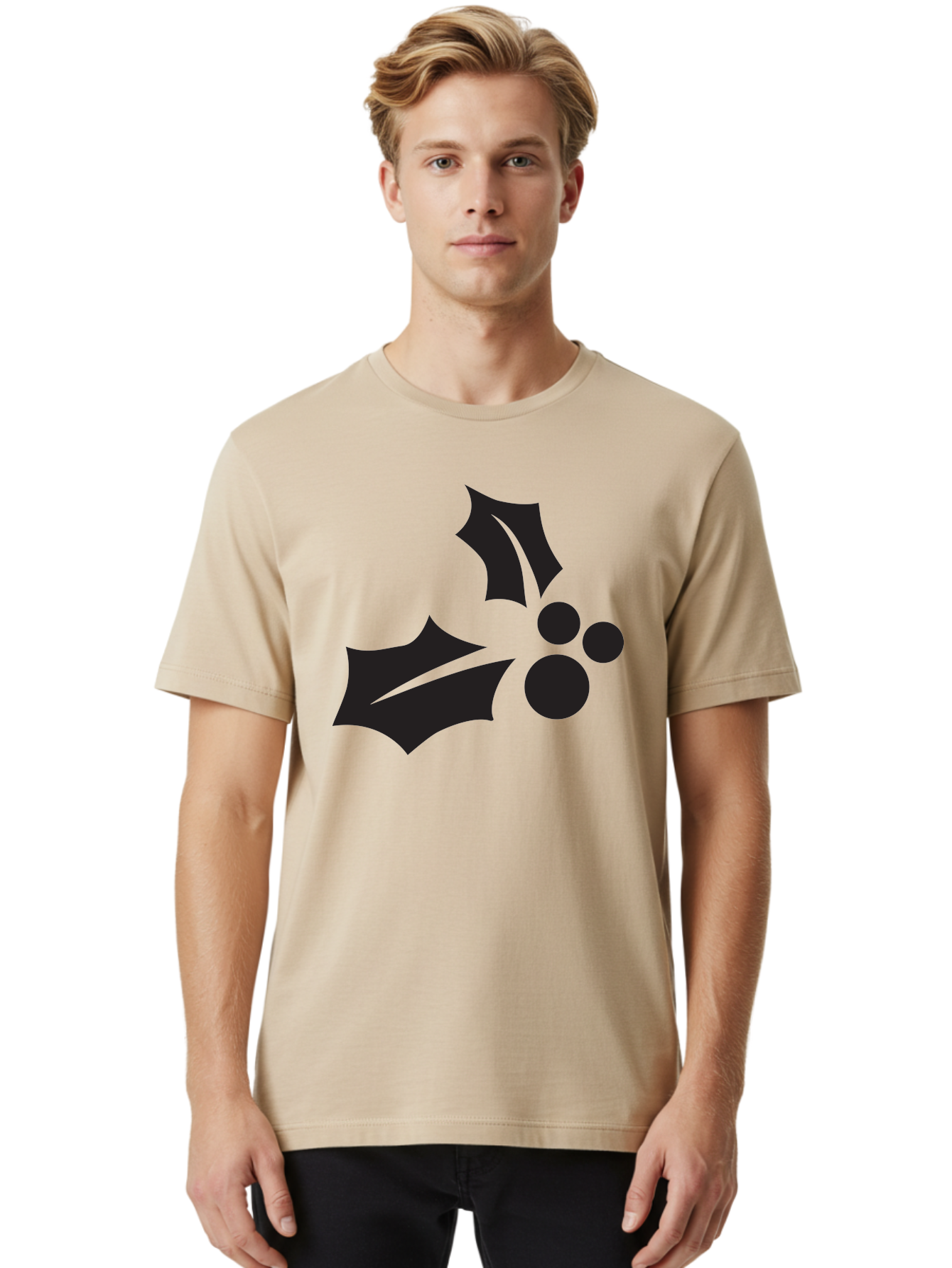Holly-Leaves-And-Berries Men'S Graphic Tee, 100% Cotton, Comfortable Casual Summer Wear, Machine Washable, Holiday Holly, Christmas Leaves, Festive Berries, Black Silhouette, Minimalist Design, Winter Decor, Seasonal Graphics Aac823 12