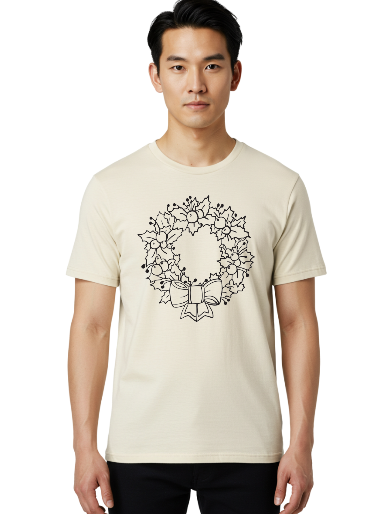 Holly-Wreath-With-Bow Men'S Graphic Tee, 100% Cotton, Comfortable Casual Summer Wear, Machine Washable, Christmas Wreath, Festive Decoration, Holly Leaves, Berries, Bow, Holiday Decor, Winter Season, Christmas Celebration, Festive Atmosphere, Aac824 20
