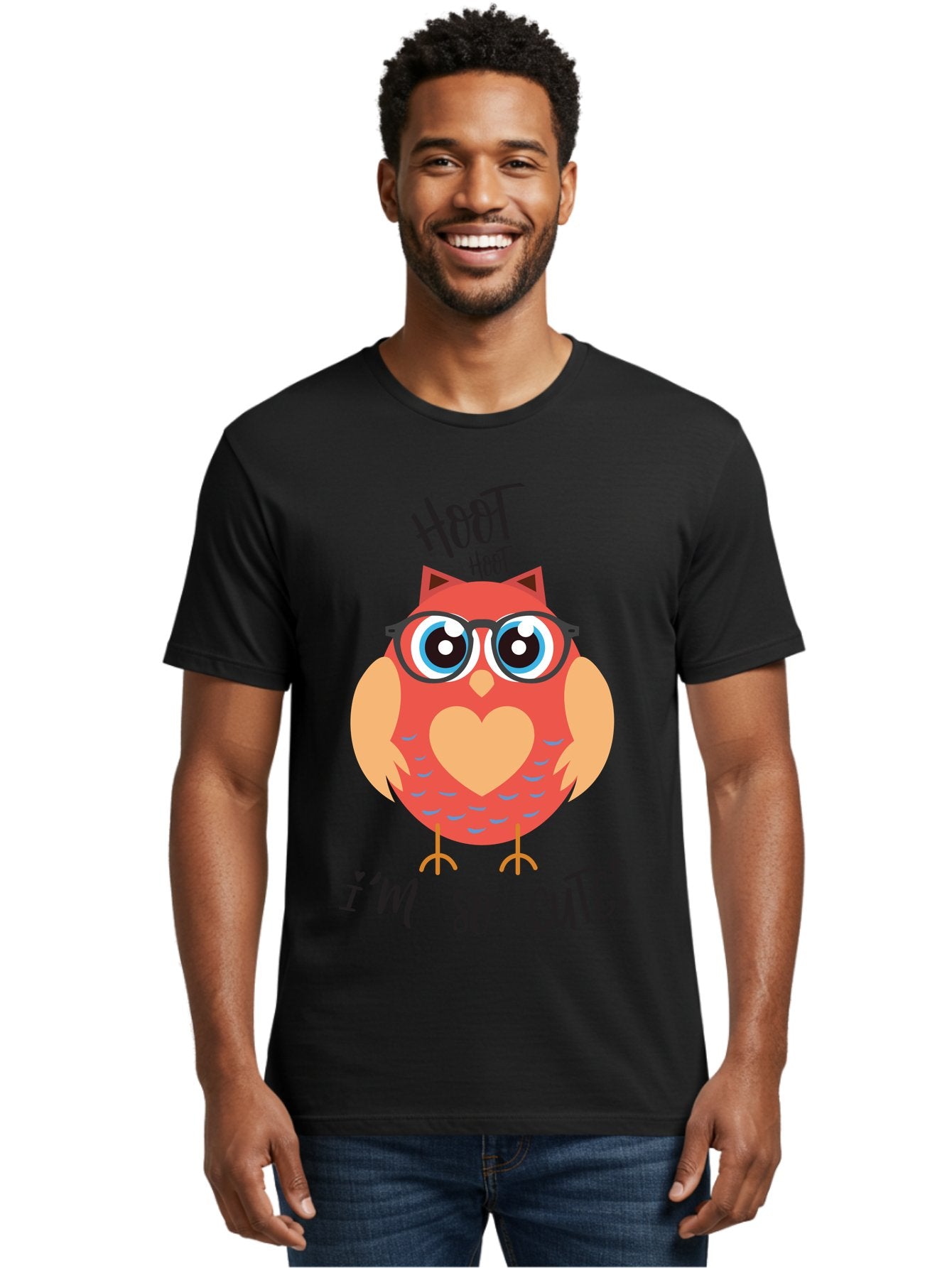 Hoot-Hoot-Owl Men'S Graphic Tee, 100% Cotton, Comfortable Casual Summer Wear, Machine Washable, Cartoon Owl, Heart-Shaped Chest, Glasses, Big Eyes, Cute Animal, Funny Illustration, Whimsical Design, Hoot Hoot, Adorable Creature, Aac827 27