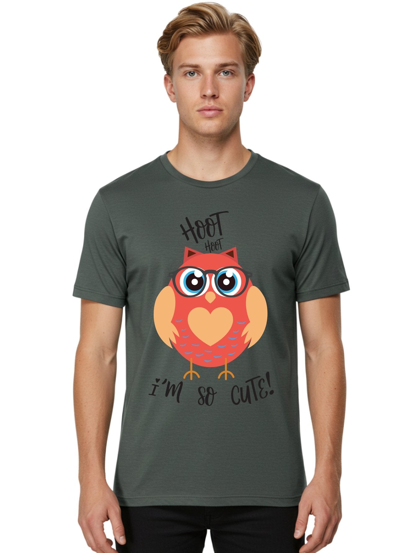 Hoot-Hoot-Owl Men'S Graphic Tee, 100% Cotton, Comfortable Casual Summer Wear, Machine Washable, Cartoon Owl, Heart-Shaped Chest, Glasses, Big Eyes, Cute Animal, Funny Illustration, Whimsical Design, Hoot Hoot, Adorable Creature, Aac827 19