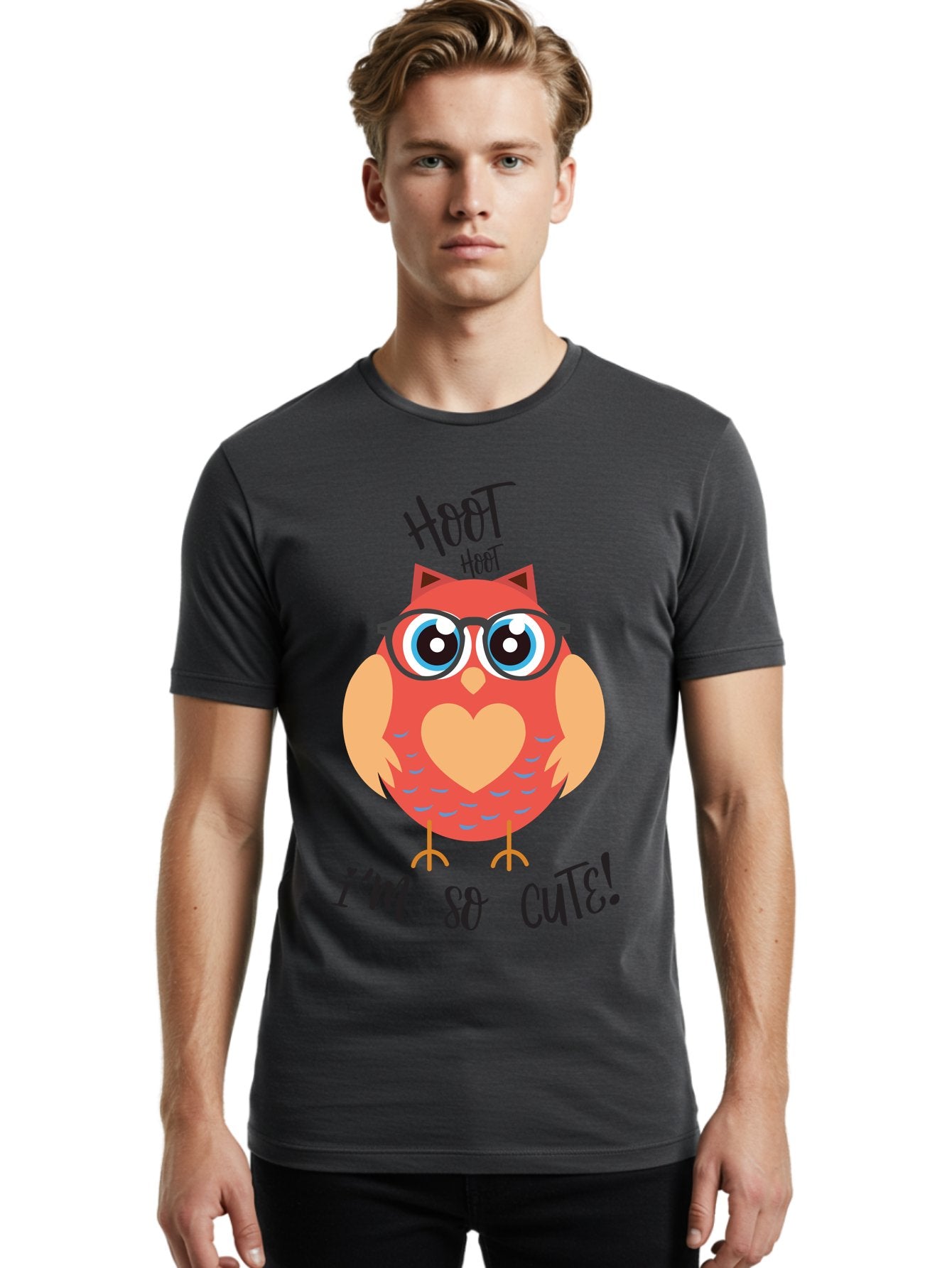 Hoot-Hoot-Owl Men'S Graphic Tee, 100% Cotton, Comfortable Casual Summer Wear, Machine Washable, Cartoon Owl, Heart-Shaped Chest, Glasses, Big Eyes, Cute Animal, Funny Illustration, Whimsical Design, Hoot Hoot, Adorable Creature, Aac827 28