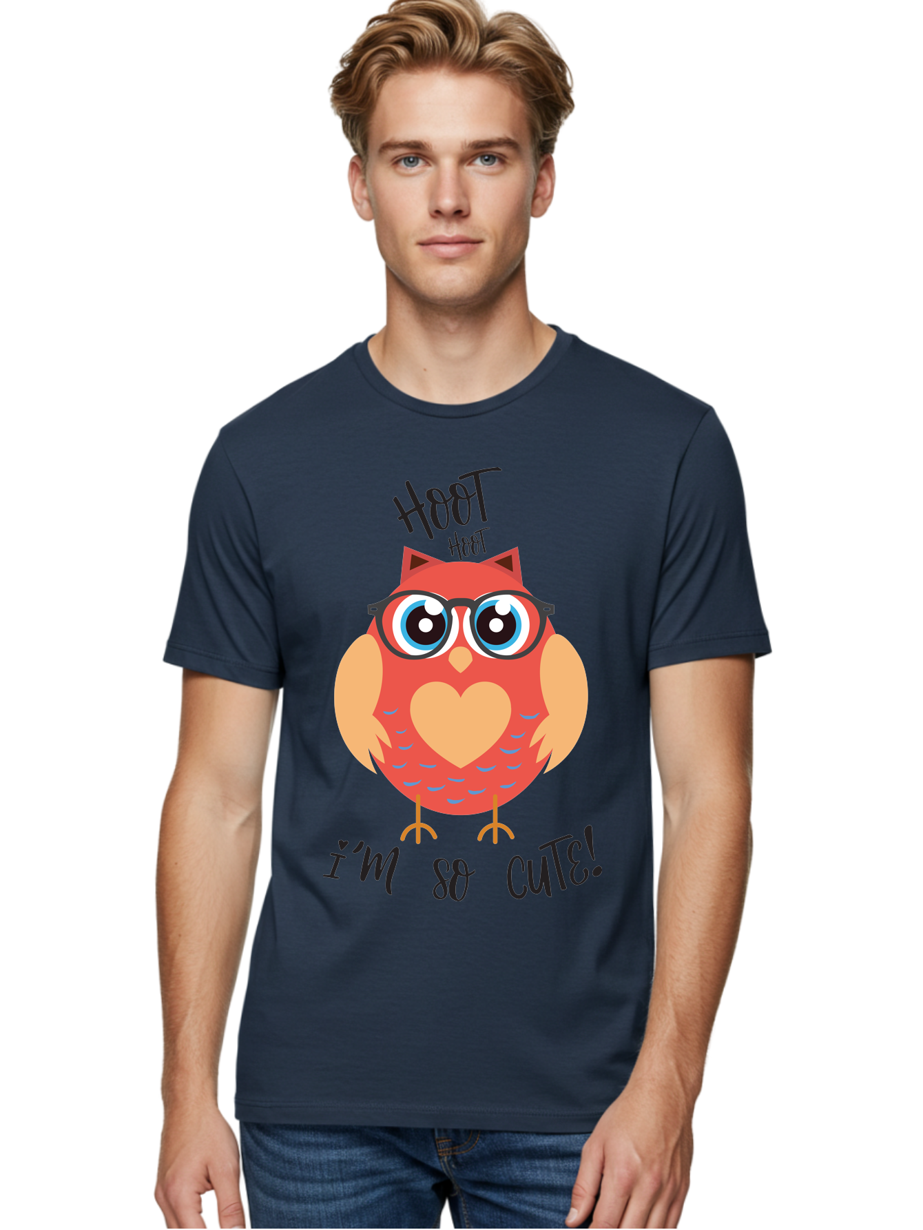 Hoot-Hoot-Owl Men'S Graphic Tee, 100% Cotton, Comfortable Casual Summer Wear, Machine Washable, Cartoon Owl, Heart-Shaped Chest, Glasses, Big Eyes, Cute Animal, Funny Illustration, Whimsical Design, Hoot Hoot, Adorable Creature, Aac827 16