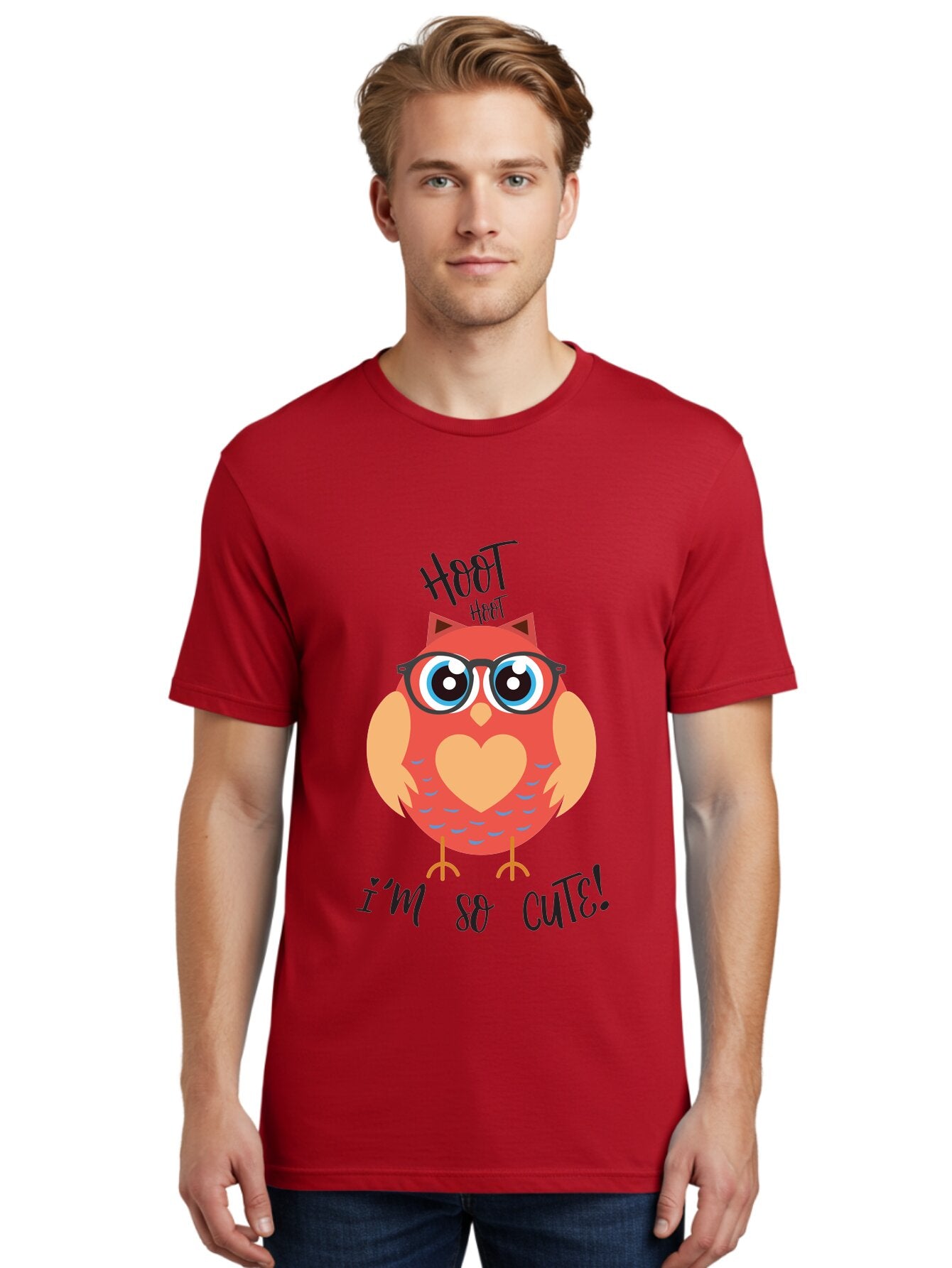 Hoot-Hoot-Owl Men'S Graphic Tee, 100% Cotton, Comfortable Casual Summer Wear, Machine Washable, Cartoon Owl, Heart-Shaped Chest, Glasses, Big Eyes, Cute Animal, Funny Illustration, Whimsical Design, Hoot Hoot, Adorable Creature, Aac827 16