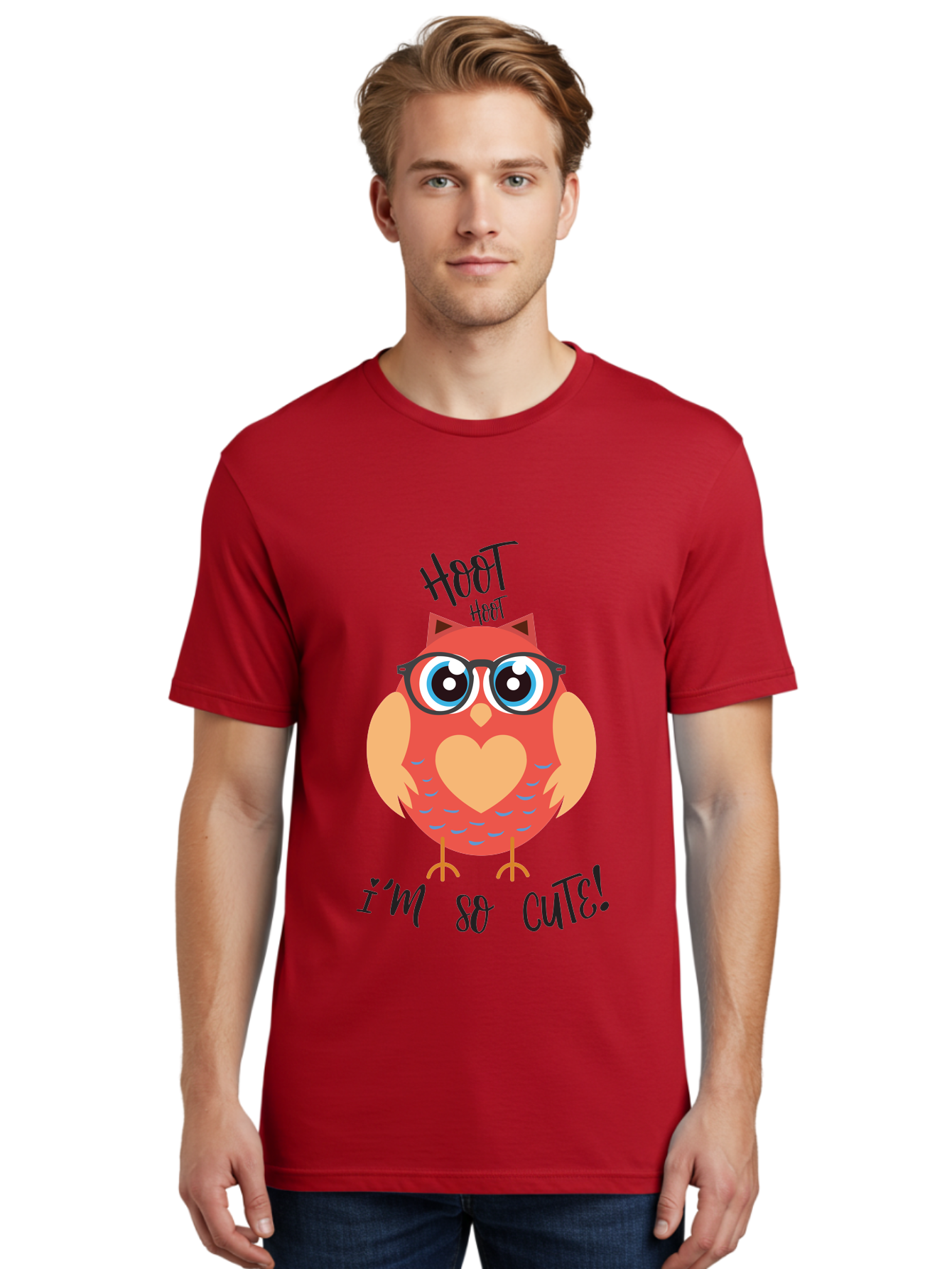 Hoot-Hoot-Owl Men'S Graphic Tee, 100% Cotton, Comfortable Casual Summer Wear, Machine Washable, Cartoon Owl, Heart-Shaped Chest, Glasses, Big Eyes, Cute Animal, Funny Illustration, Whimsical Design, Hoot Hoot, Adorable Creature, Aac827 26