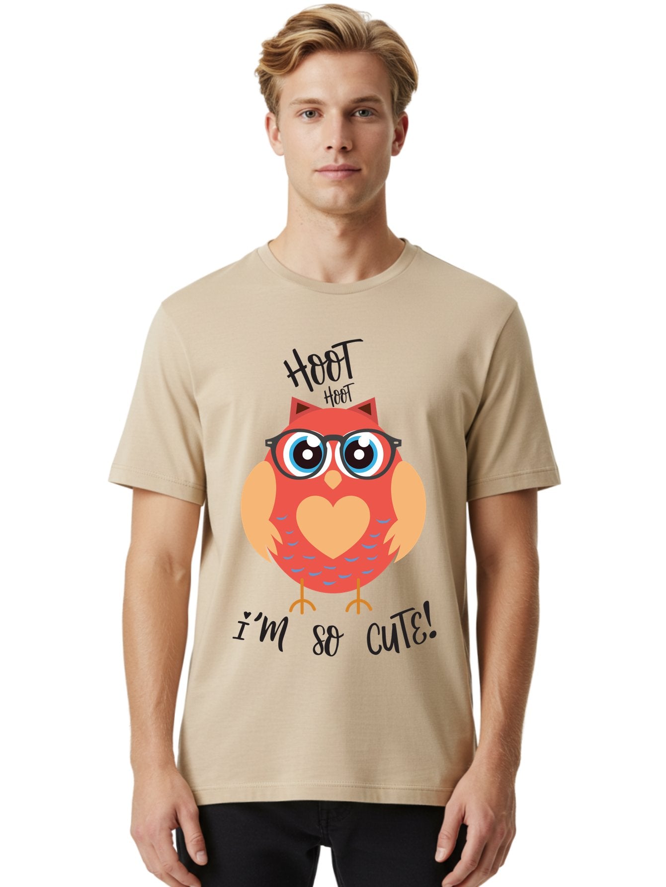 Hoot-Hoot-Owl Men'S Graphic Tee, 100% Cotton, Comfortable Casual Summer Wear, Machine Washable, Cartoon Owl, Heart-Shaped Chest, Glasses, Big Eyes, Cute Animal, Funny Illustration, Whimsical Design, Hoot Hoot, Adorable Creature, Aac827 18