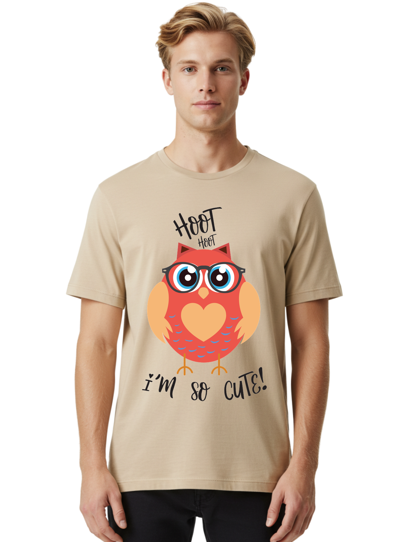 Hoot-Hoot-Owl Men'S Graphic Tee, 100% Cotton, Comfortable Casual Summer Wear, Machine Washable, Cartoon Owl, Heart-Shaped Chest, Glasses, Big Eyes, Cute Animal, Funny Illustration, Whimsical Design, Hoot Hoot, Adorable Creature, Aac827 24