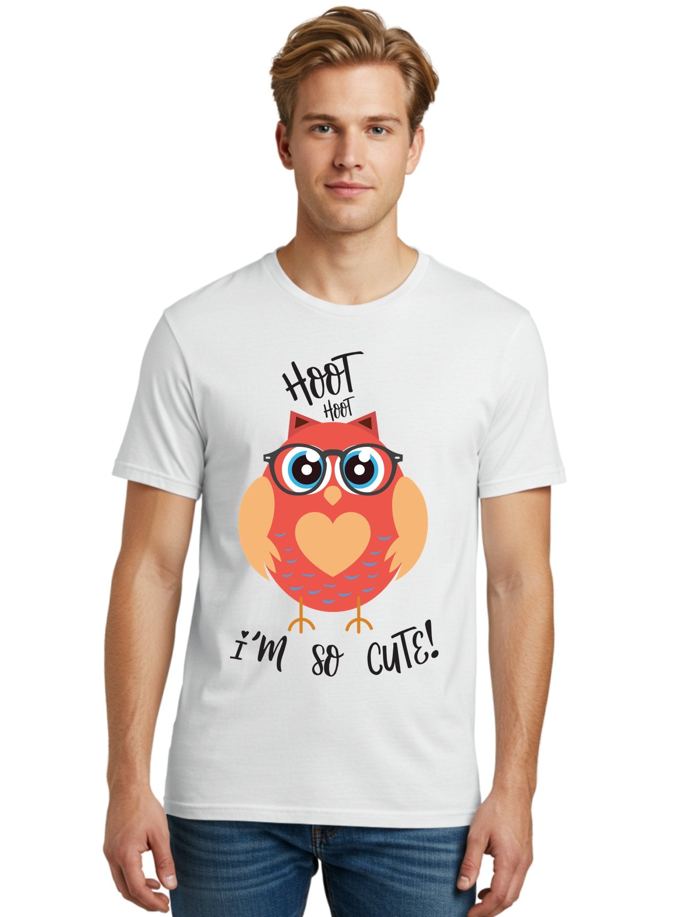 Hoot-Hoot-Owl Men'S Graphic Tee, 100% Cotton, Comfortable Casual Summer Wear, Machine Washable, Cartoon Owl, Heart-Shaped Chest, Glasses, Big Eyes, Cute Animal, Funny Illustration, Whimsical Design, Hoot Hoot, Adorable Creature, Aac827 25