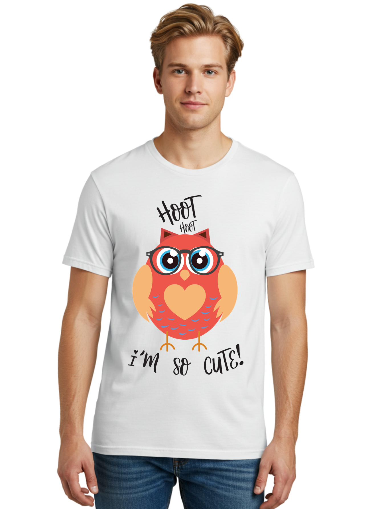 Hoot-Hoot-Owl Men'S Graphic Tee, 100% Cotton, Comfortable Casual Summer Wear, Machine Washable, Cartoon Owl, Heart-Shaped Chest, Glasses, Big Eyes, Cute Animal, Funny Illustration, Whimsical Design, Hoot Hoot, Adorable Creature, Aac827 12