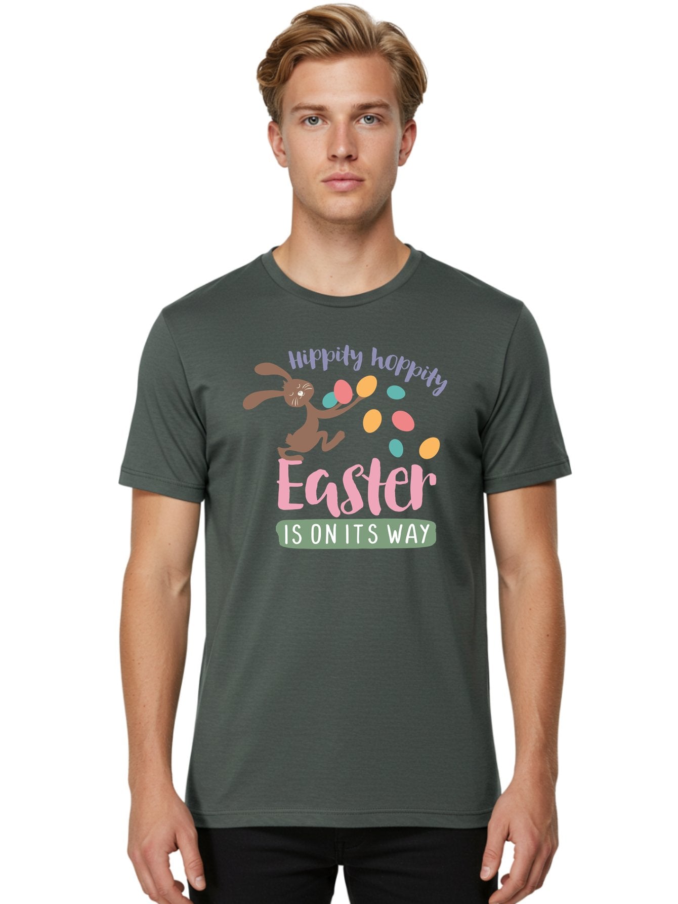 Hoppily-Hopping-Easter Men'S Graphic Tee, 100% Cotton, Comfortable Casual Summer Wear, Machine Washable, Easter Bunny, Easter Eggs, Colorful Eggs, Spring Holiday, Festive Graphics, Happy Easter, Hippidy Hoppity Aac829 29