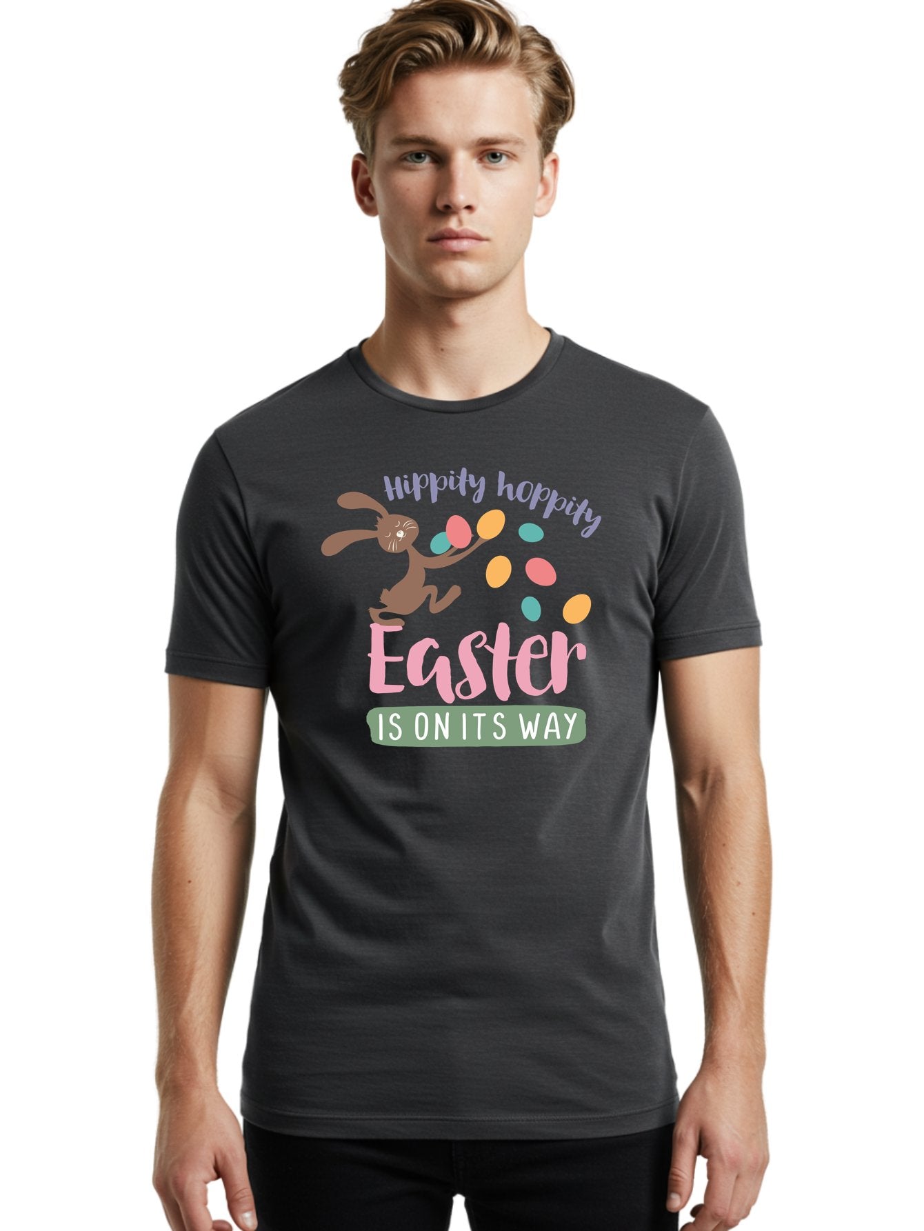 Hoppily-Hopping-Easter Men'S Graphic Tee, 100% Cotton, Comfortable Casual Summer Wear, Machine Washable, Easter Bunny, Easter Eggs, Colorful Eggs, Spring Holiday, Festive Graphics, Happy Easter, Hippidy Hoppity Aac829 21