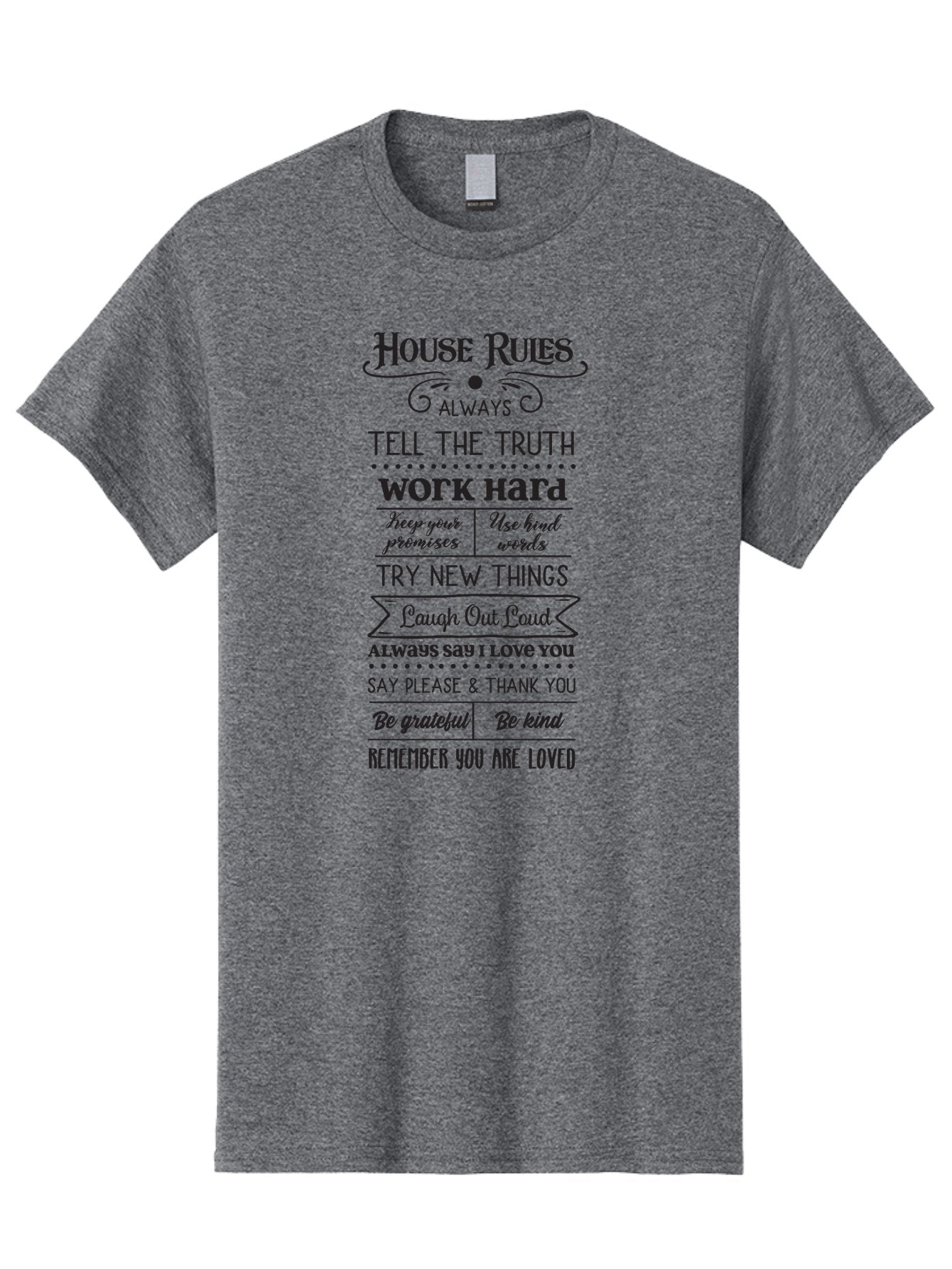 House-Rules-2 Men'S Graphic Tee, 100% Cotton, Comfortable Casual Summer Wear, Machine Washable, Positive Affirmations, House Rules, Inspirational Quotes, Motivational Phrases, Be Kind, Be Grateful, Tell The Truth, Work Hard, Keep Promises, Aac831 7