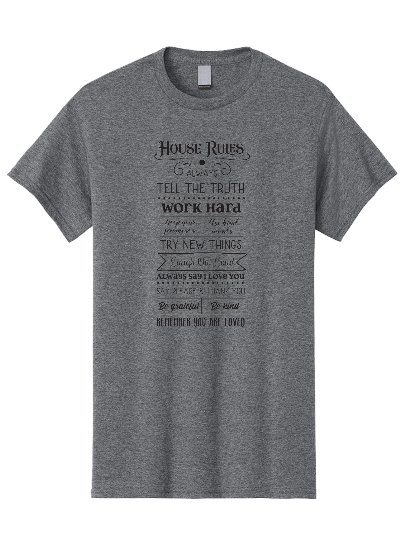 House-Rules-2 Men'S Graphic Tee, 100% Cotton, Comfortable Casual Summer Wear, Machine Washable, Positive Affirmations, House Rules, Inspirational Quotes, Motivational Phrases, Be Kind, Be Grateful, Tell The Truth, Work Hard, Keep Promises, Aac831 25