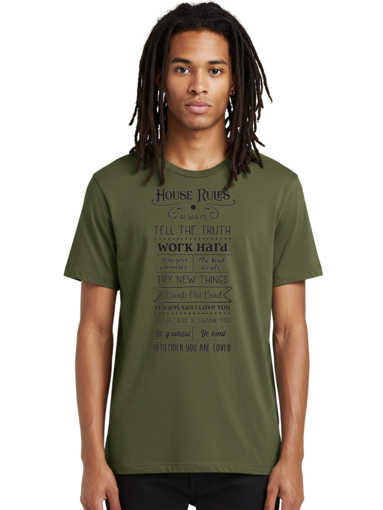 House-Rules-2 Men'S Graphic Tee, 100% Cotton, Comfortable Casual Summer Wear, Machine Washable, Positive Affirmations, House Rules, Inspirational Quotes, Motivational Phrases, Be Kind, Be Grateful, Tell The Truth, Work Hard, Keep Promises, Aac831 6