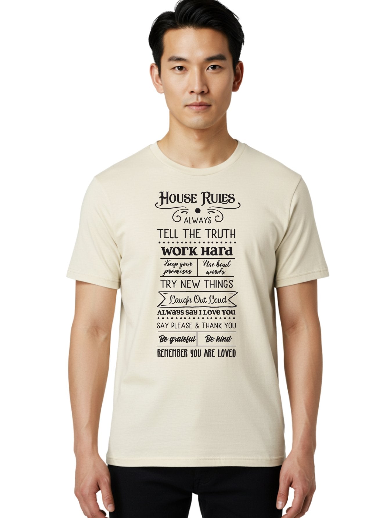 House-Rules-2 Men'S Graphic Tee, 100% Cotton, Comfortable Casual Summer Wear, Machine Washable, Positive Affirmations, House Rules, Inspirational Quotes, Motivational Phrases, Be Kind, Be Grateful, Tell The Truth, Work Hard, Keep Promises, Aac831 17