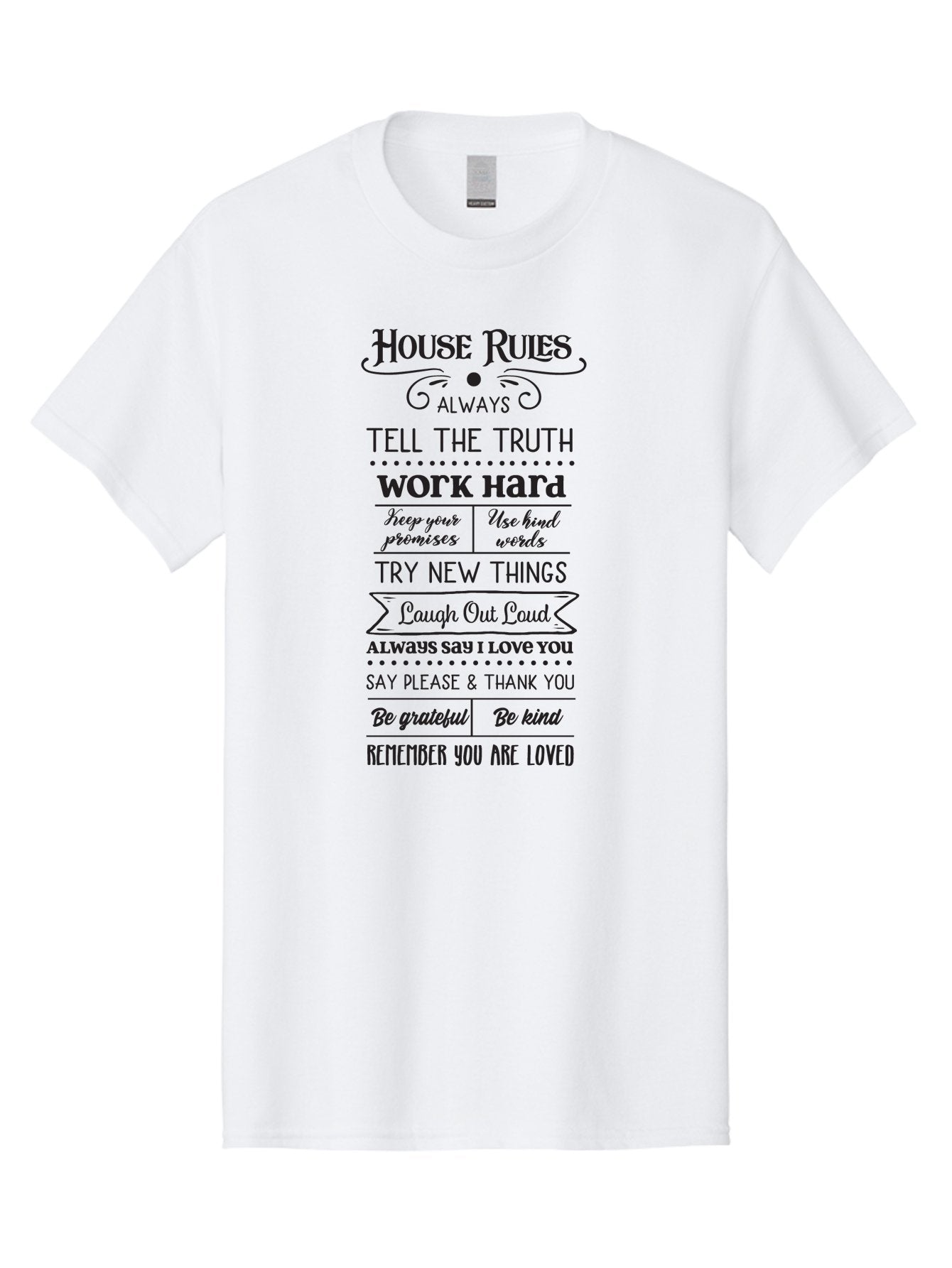 House-Rules-2 Men'S Graphic Tee, 100% Cotton, Comfortable Casual Summer Wear, Machine Washable, Positive Affirmations, House Rules, Inspirational Quotes, Motivational Phrases, Be Kind, Be Grateful, Tell The Truth, Work Hard, Keep Promises, Aac831 9