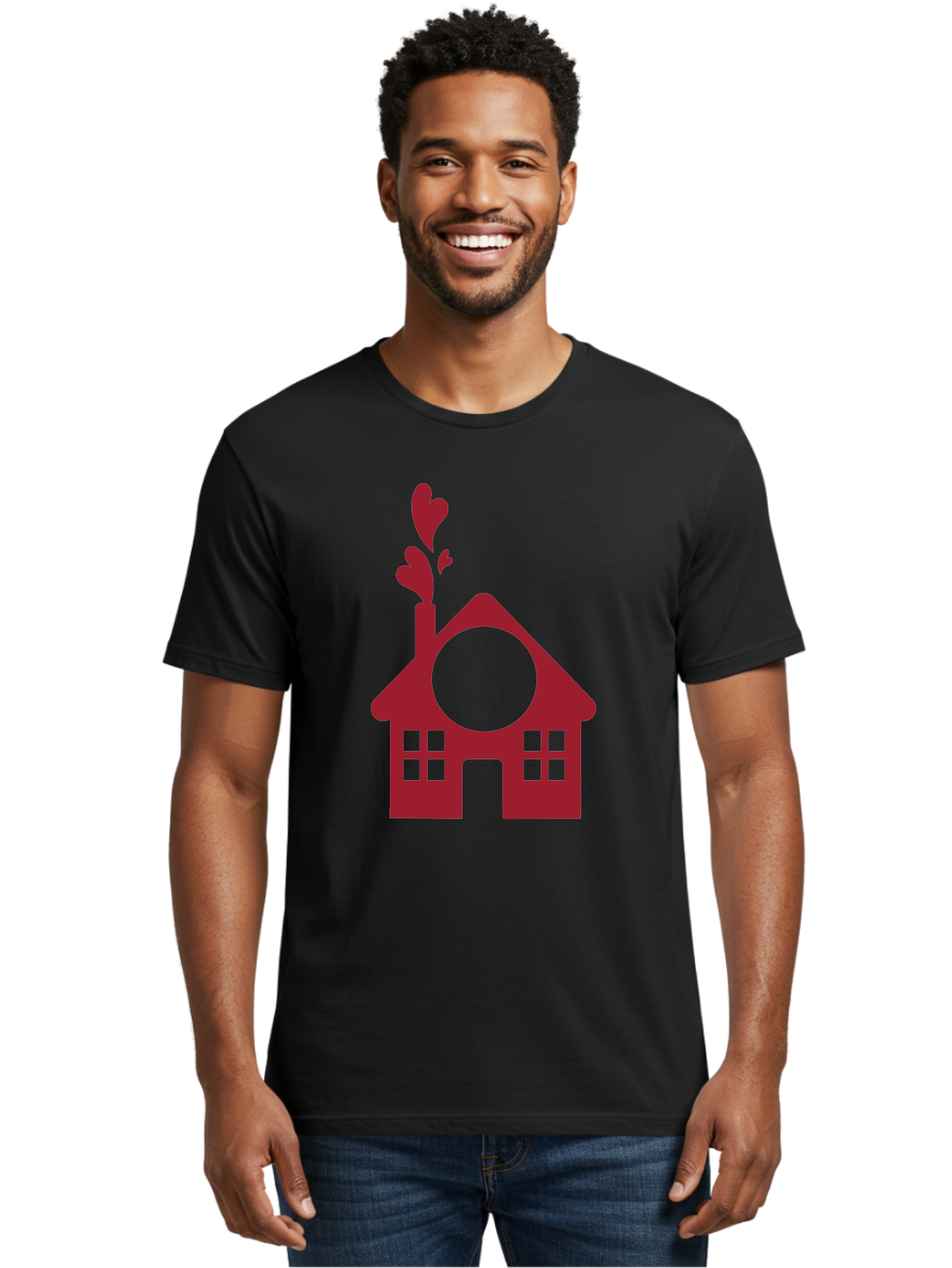 House-With-Heart-Chimney Men'S Graphic Tee, 100% Cotton, Comfortable Casual Summer Wear, Machine Washable, Stylized House, Heart-Shaped Chimney, Red Silhouette, Love Symbol, Cozy Home, Heart-Themed Decor, Minimalist Design, Aac833 20