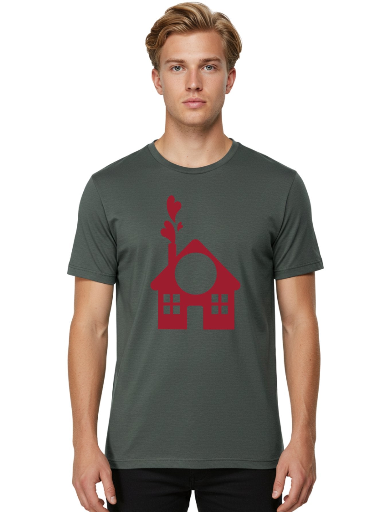 House-With-Heart-Chimney Men'S Graphic Tee, 100% Cotton, Comfortable Casual Summer Wear, Machine Washable, Stylized House, Heart-Shaped Chimney, Red Silhouette, Love Symbol, Cozy Home, Heart-Themed Decor, Minimalist Design, Aac833 26
