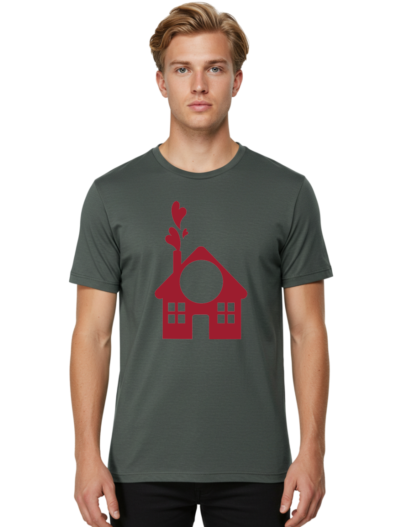 House-With-Heart-Chimney Men'S Graphic Tee, 100% Cotton, Comfortable Casual Summer Wear, Machine Washable, Stylized House, Heart-Shaped Chimney, Red Silhouette, Love Symbol, Cozy Home, Heart-Themed Decor, Minimalist Design, Aac833 10