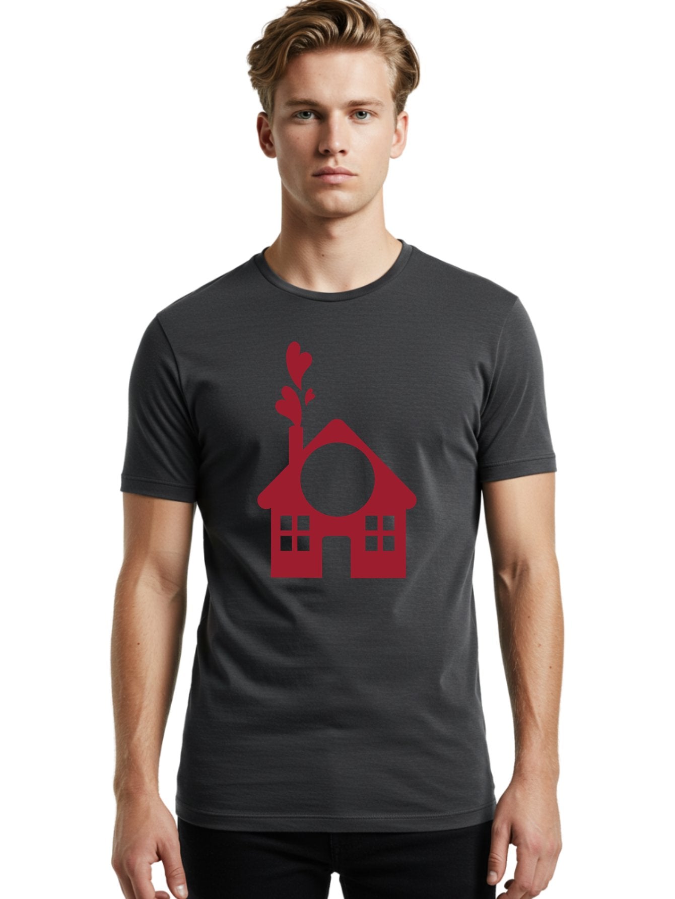 House-With-Heart-Chimney Men'S Graphic Tee, 100% Cotton, Comfortable Casual Summer Wear, Machine Washable, Stylized House, Heart-Shaped Chimney, Red Silhouette, Love Symbol, Cozy Home, Heart-Themed Decor, Minimalist Design, Aac833 25