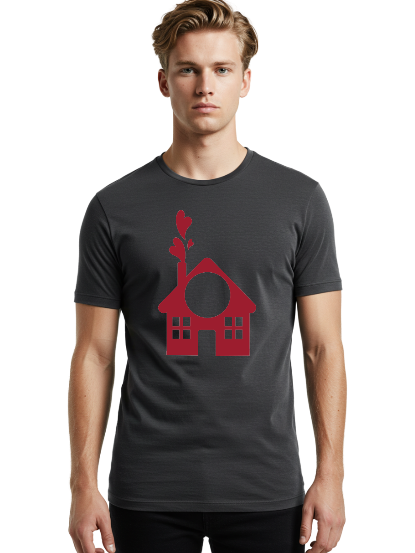 House-With-Heart-Chimney Men'S Graphic Tee, 100% Cotton, Comfortable Casual Summer Wear, Machine Washable, Stylized House, Heart-Shaped Chimney, Red Silhouette, Love Symbol, Cozy Home, Heart-Themed Decor, Minimalist Design, Aac833 12