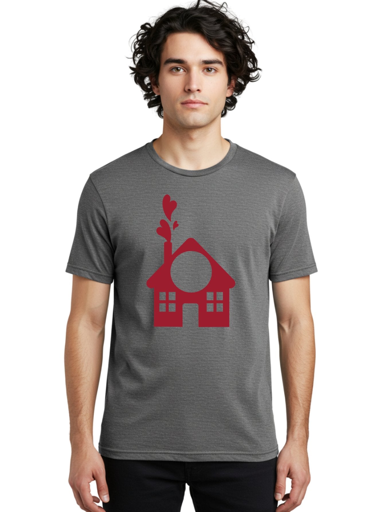 House-With-Heart-Chimney Men'S Graphic Tee, 100% Cotton, Comfortable Casual Summer Wear, Machine Washable, Stylized House, Heart-Shaped Chimney, Red Silhouette, Love Symbol, Cozy Home, Heart-Themed Decor, Minimalist Design, Aac833 27