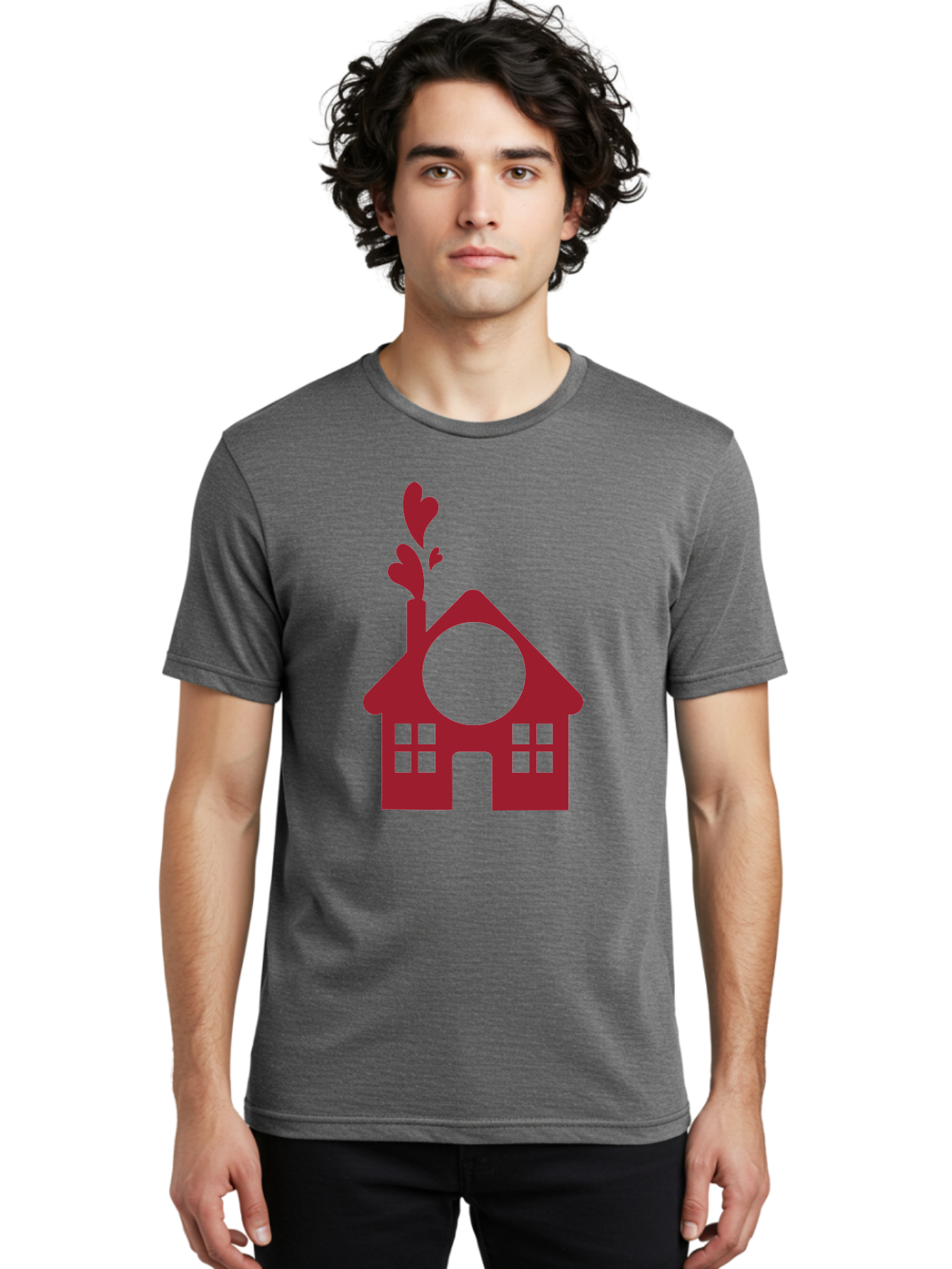 House-With-Heart-Chimney Men'S Graphic Tee, 100% Cotton, Comfortable Casual Summer Wear, Machine Washable, Stylized House, Heart-Shaped Chimney, Red Silhouette, Love Symbol, Cozy Home, Heart-Themed Decor, Minimalist Design, Aac833 8