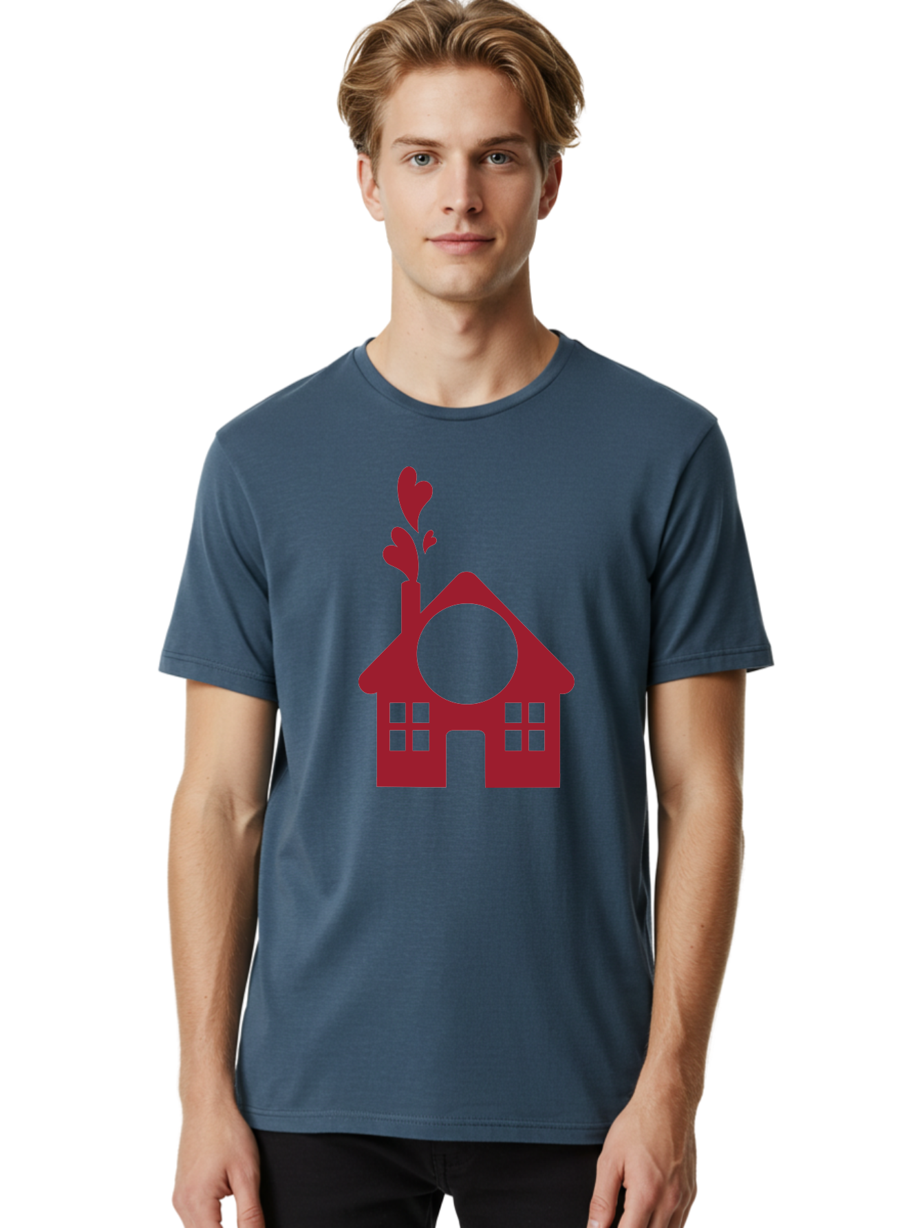 House-With-Heart-Chimney Men'S Graphic Tee, 100% Cotton, Comfortable Casual Summer Wear, Machine Washable, Stylized House, Heart-Shaped Chimney, Red Silhouette, Love Symbol, Cozy Home, Heart-Themed Decor, Minimalist Design, Aac833 16