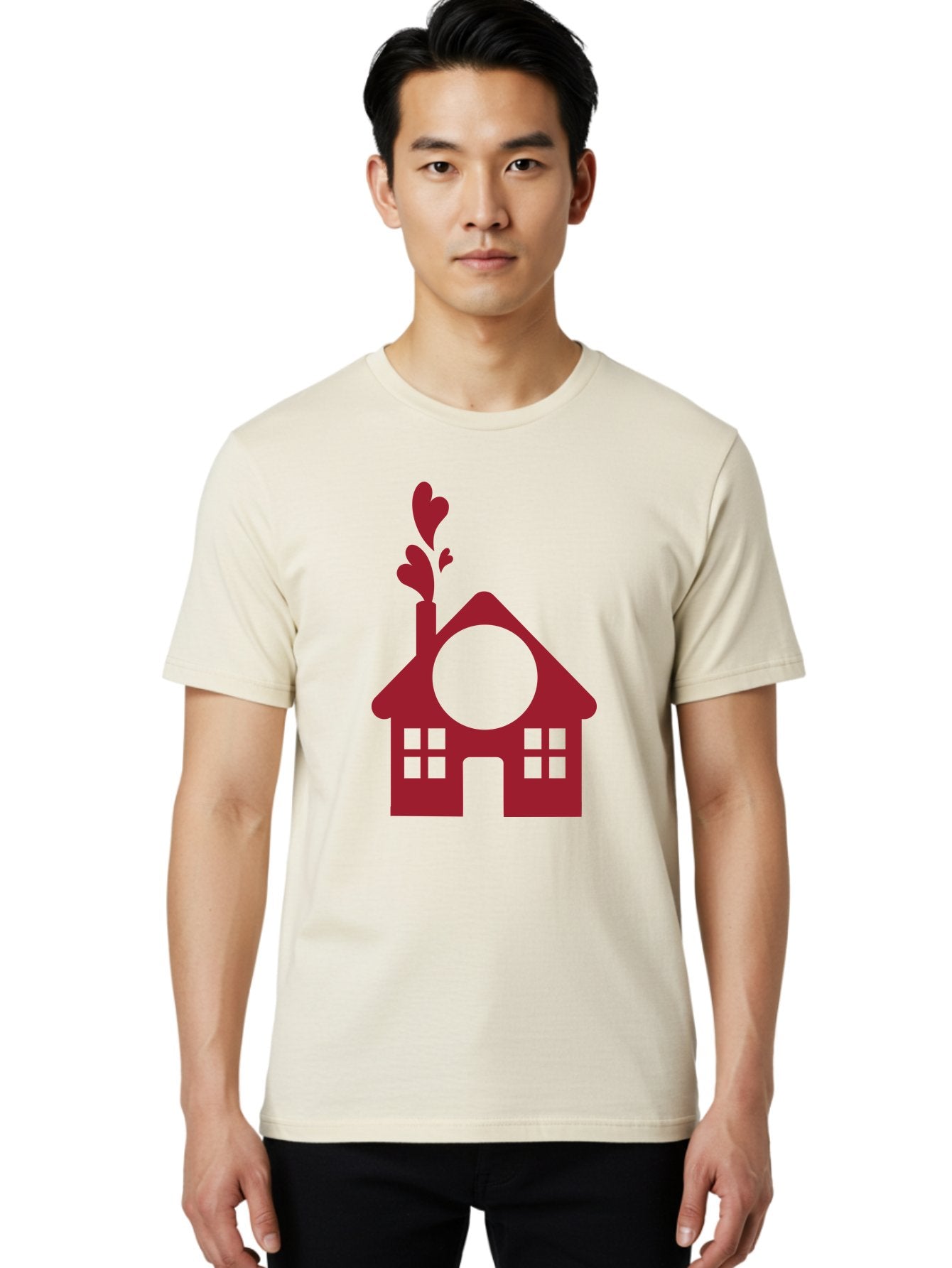 House-With-Heart-Chimney Men'S Graphic Tee, 100% Cotton, Comfortable Casual Summer Wear, Machine Washable, Stylized House, Heart-Shaped Chimney, Red Silhouette, Love Symbol, Cozy Home, Heart-Themed Decor, Minimalist Design, Aac833 30
