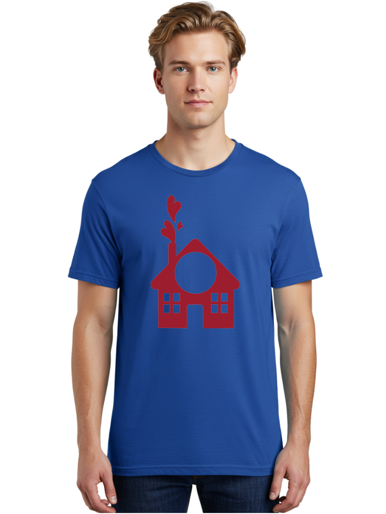 House-With-Heart-Chimney Men'S Graphic Tee, 100% Cotton, Comfortable Casual Summer Wear, Machine Washable, Stylized House, Heart-Shaped Chimney, Red Silhouette, Love Symbol, Cozy Home, Heart-Themed Decor, Minimalist Design, Aac833 30
