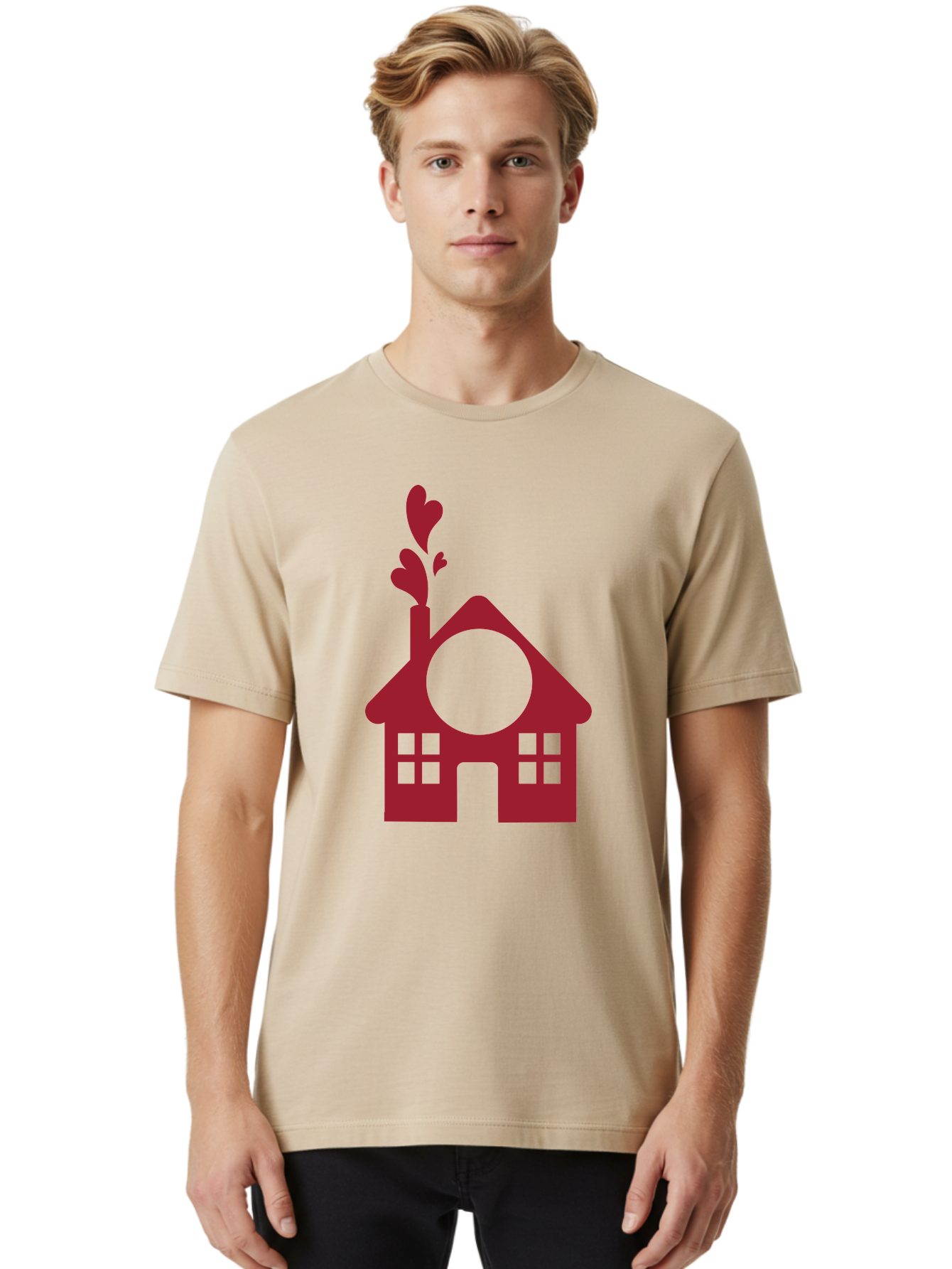 House-With-Heart-Chimney Men'S Graphic Tee, 100% Cotton, Comfortable Casual Summer Wear, Machine Washable, Stylized House, Heart-Shaped Chimney, Red Silhouette, Love Symbol, Cozy Home, Heart-Themed Decor, Minimalist Design, Aac833 14