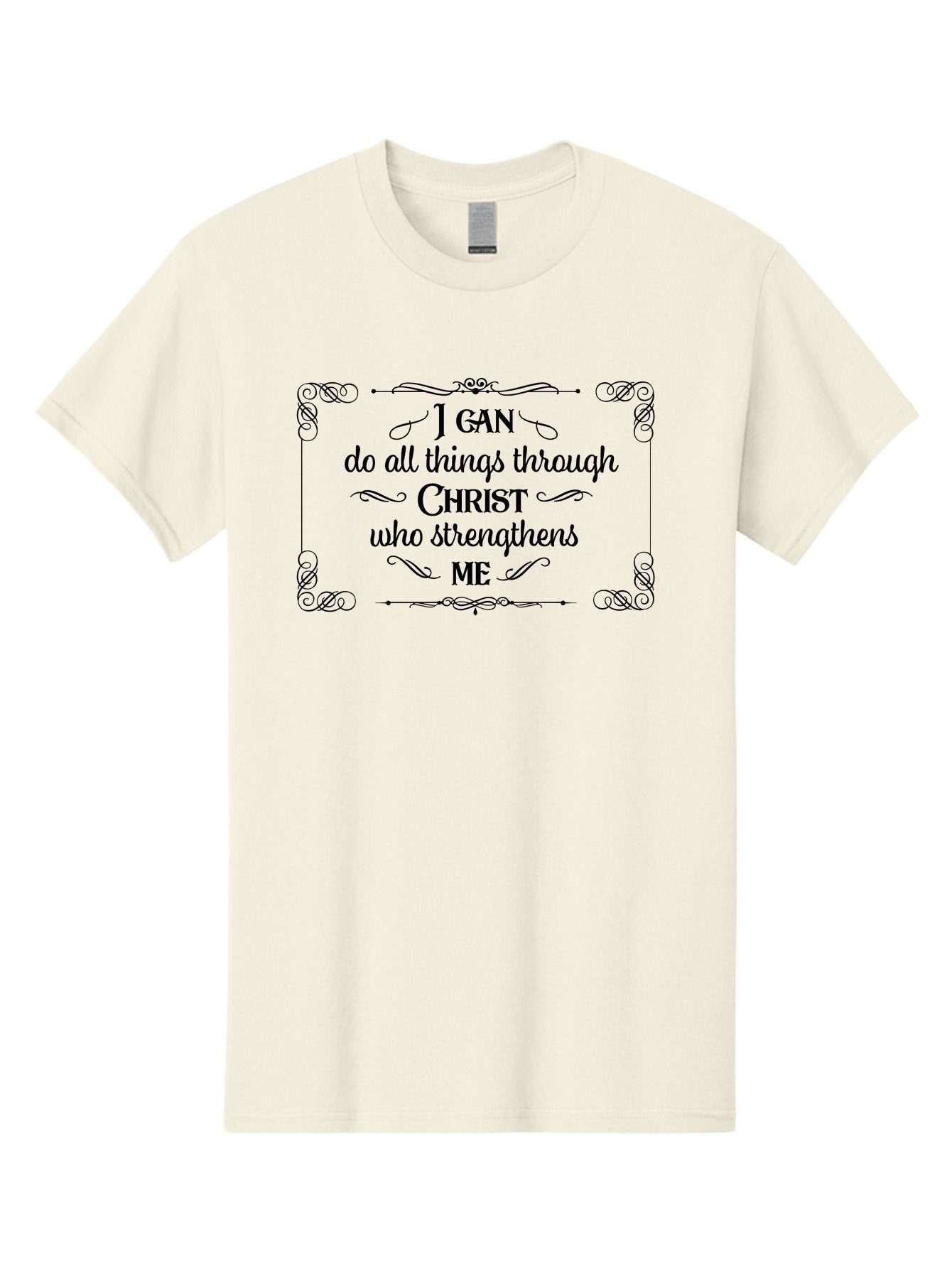 I-Can-Do-All-Things-Through-Christ Men'S Graphic Tee, 100% Cotton, Comfortable Casual Summer Wear, Machine Washable, Inspirational Quote, Motivational Phrase, Faith-Based Message, Christianity, Scripture, Philippians 4:13, Ornate Typography, Aac840 4