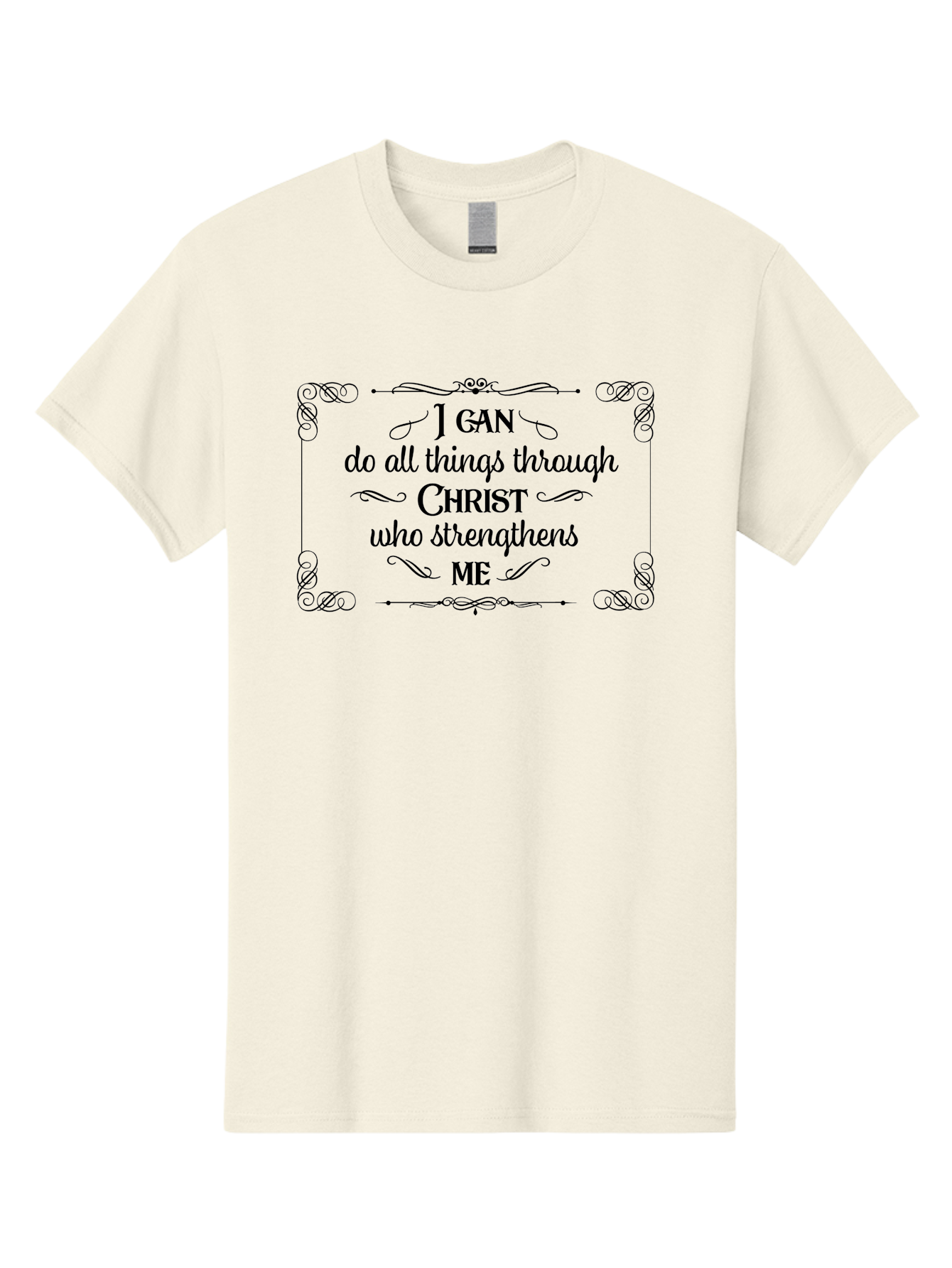 I-Can-Do-All-Things-Through-Christ Men'S Graphic Tee, 100% Cotton, Comfortable Casual Summer Wear, Machine Washable, Inspirational Quote, Motivational Phrase, Faith-Based Message, Christianity, Scripture, Philippians 4:13, Ornate Typography, Aac840 23
