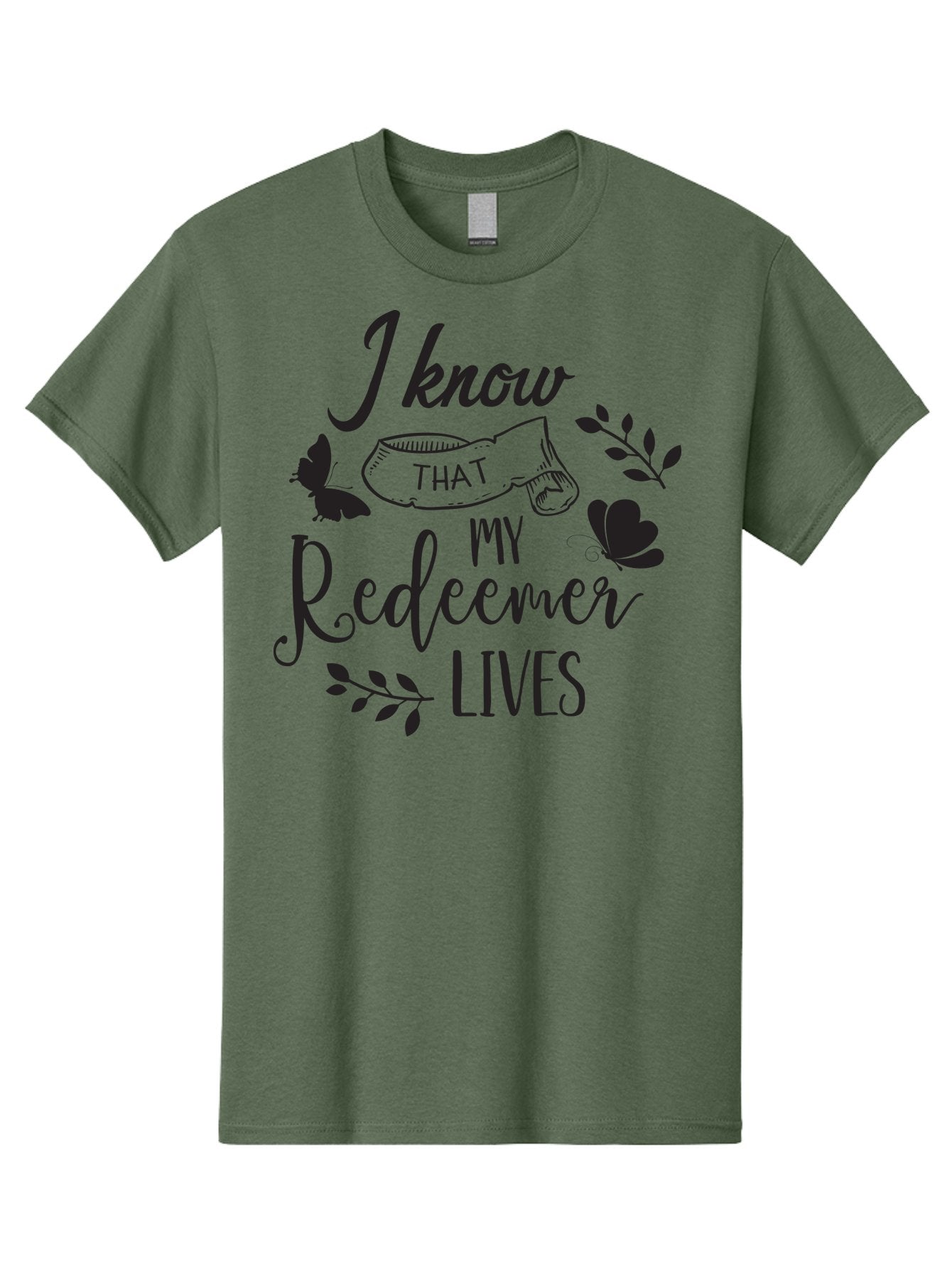 I-Know-That-My-Redeemer-Lives Men'S Graphic Tee, 100% Cotton, Comfortable Casual Summer Wear, Machine Washable, Faithful Quote, Inspirational Words, Religious Text, Butterflies, Leaves, Spiritual Message, Motivational Phrase, Black Typography, Aac849