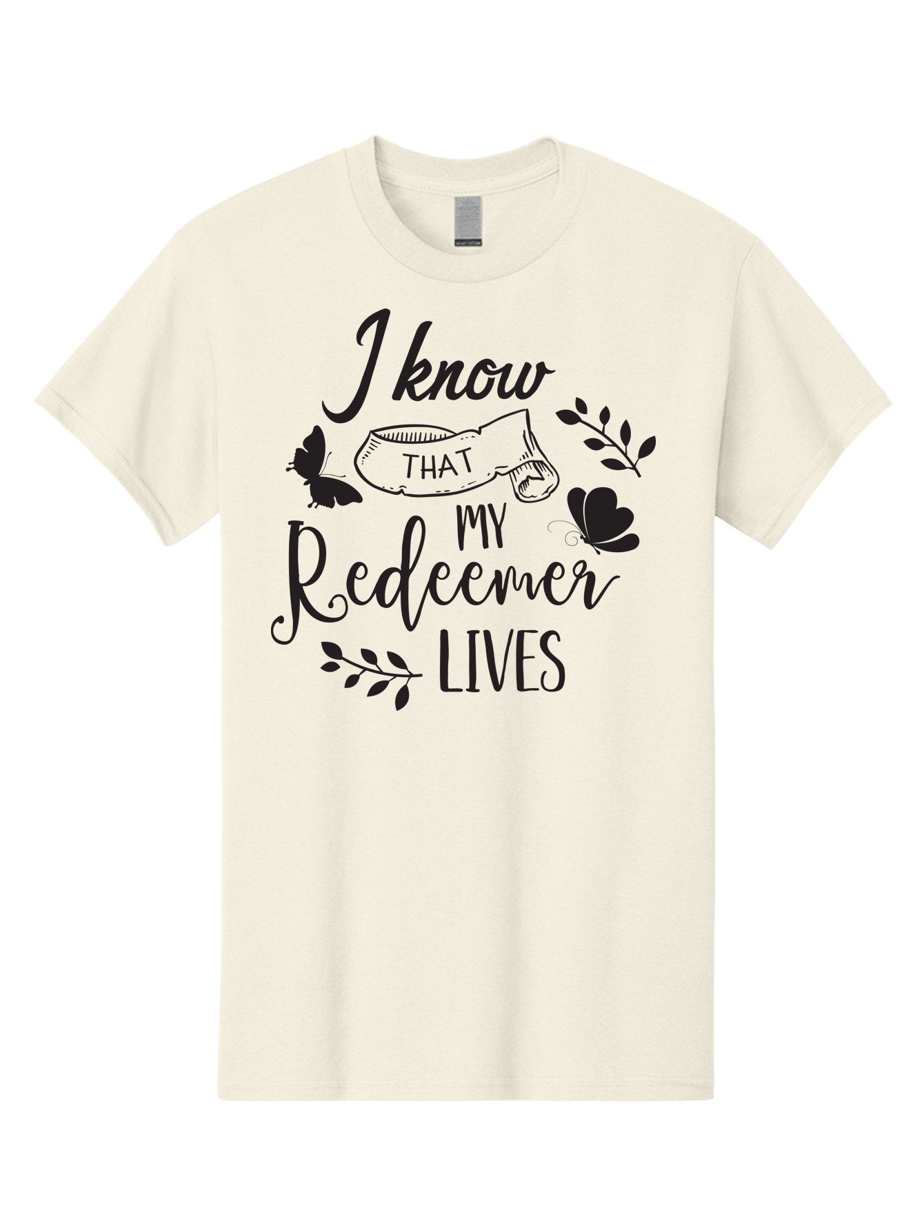 I-Know-That-My-Redeemer-Lives Men'S Graphic Tee, 100% Cotton, Comfortable Casual Summer Wear, Machine Washable, Faithful Quote, Inspirational Words, Religious Text, Butterflies, Leaves, Spiritual Message, Motivational Phrase, Black Typography, Aac849 5