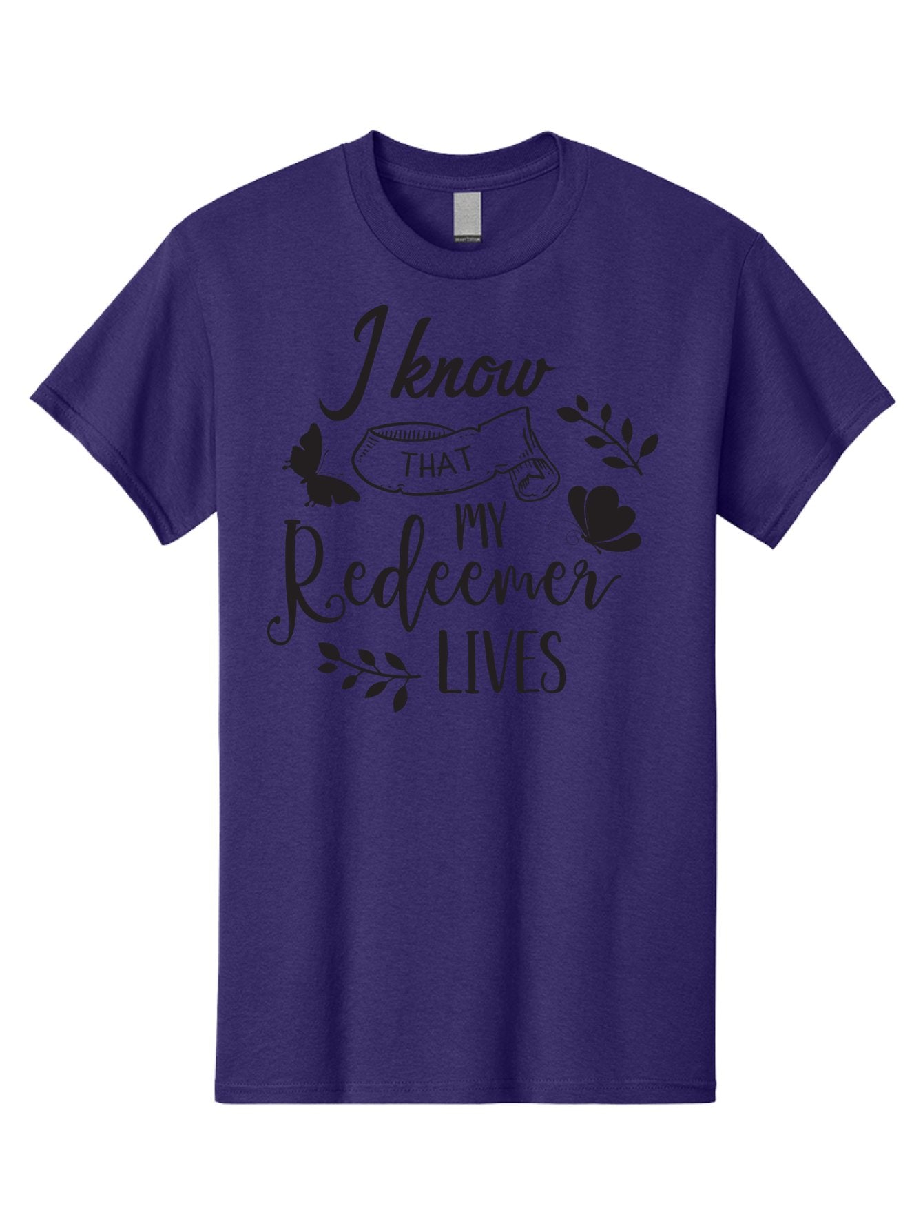 I-Know-That-My-Redeemer-Lives Men'S Graphic Tee, 100% Cotton, Comfortable Casual Summer Wear, Machine Washable, Faithful Quote, Inspirational Words, Religious Text, Butterflies, Leaves, Spiritual Message, Motivational Phrase, Black Typography, Aac849