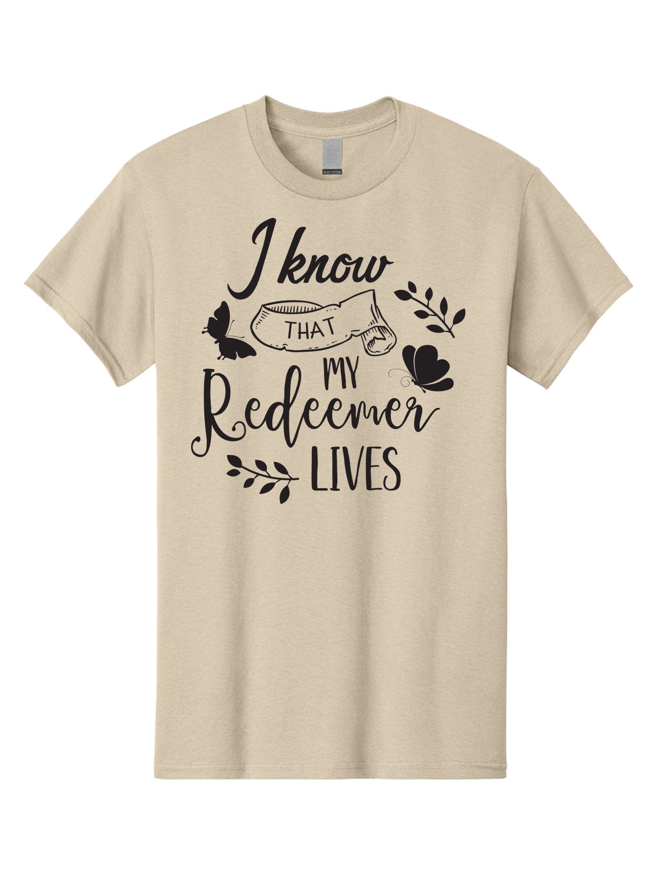 I-Know-That-My-Redeemer-Lives Men'S Graphic Tee, 100% Cotton, Comfortable Casual Summer Wear, Machine Washable, Faithful Quote, Inspirational Words, Religious Text, Butterflies, Leaves, Spiritual Message, Motivational Phrase, Black Typography, Aac849 11