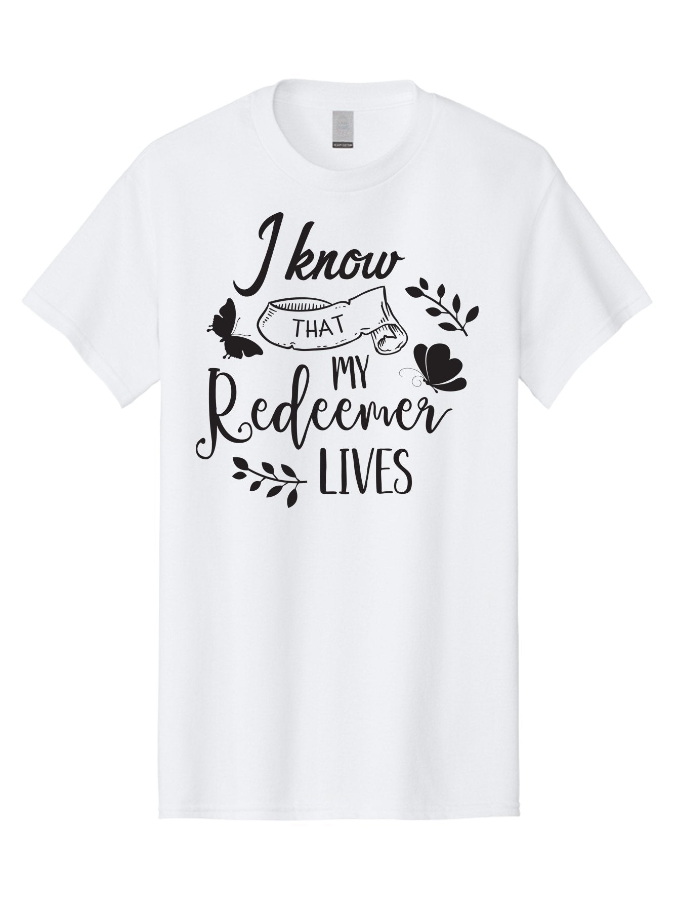 I-Know-That-My-Redeemer-Lives Men'S Graphic Tee, 100% Cotton, Comfortable Casual Summer Wear, Machine Washable, Faithful Quote, Inspirational Words, Religious Text, Butterflies, Leaves, Spiritual Message, Motivational Phrase, Black Typography, Aac849 12