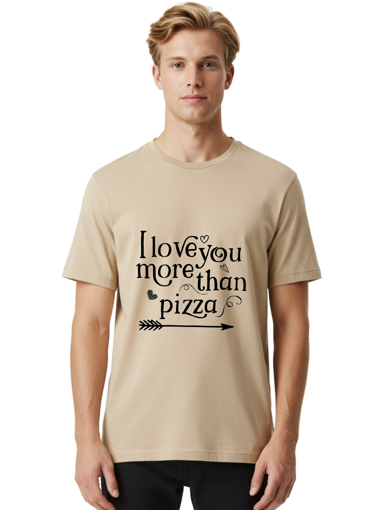 I-Love-You-More-Than-Pizza Men'S Graphic Tee, 100% Cotton, Comfortable Casual Summer Wear, Machine Washable, Love Quote, Pizza Love, Romantic Phrase, Heartwarming Saying, Valentine'S Day Message, Cute Typography, Arrow Design, Whimsical Hearts Aac857