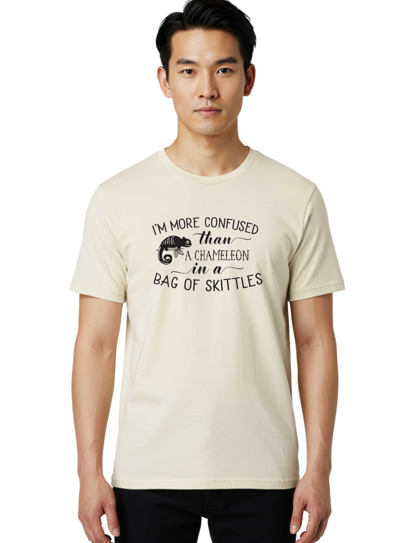 I-M-More-Confused-Than-A-Chameleon-In-A-Bag-Of-Skittles Men'S Graphic Tee, 100% Cotton, Comfortable Casual Summer Wear, Machine Washable, Funny Quote, Humorous Saying, Confused Chameleon, Bag Of Skittles, Playful Graphic, Whimsical Design, Aac863 30