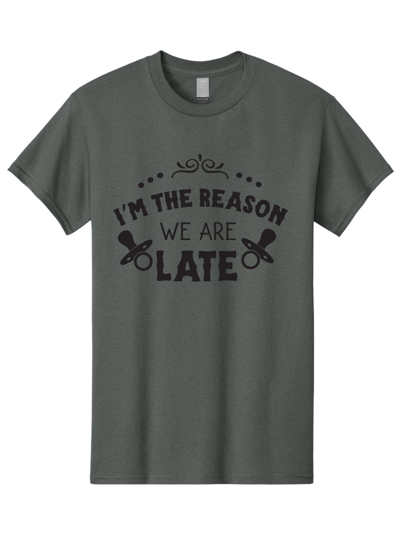 I-M-The-Reason-We-Are-Late Men'S Graphic Tee, 100% Cotton, Comfortable Casual Summer Wear, Machine Washable, Funny Baby Quote, Humorous Parenting Phrase, Adorable Pacifier Graphics, Playful Parenting Humor, Cute Baby Saying, Parenting Jokes, Aac868 5