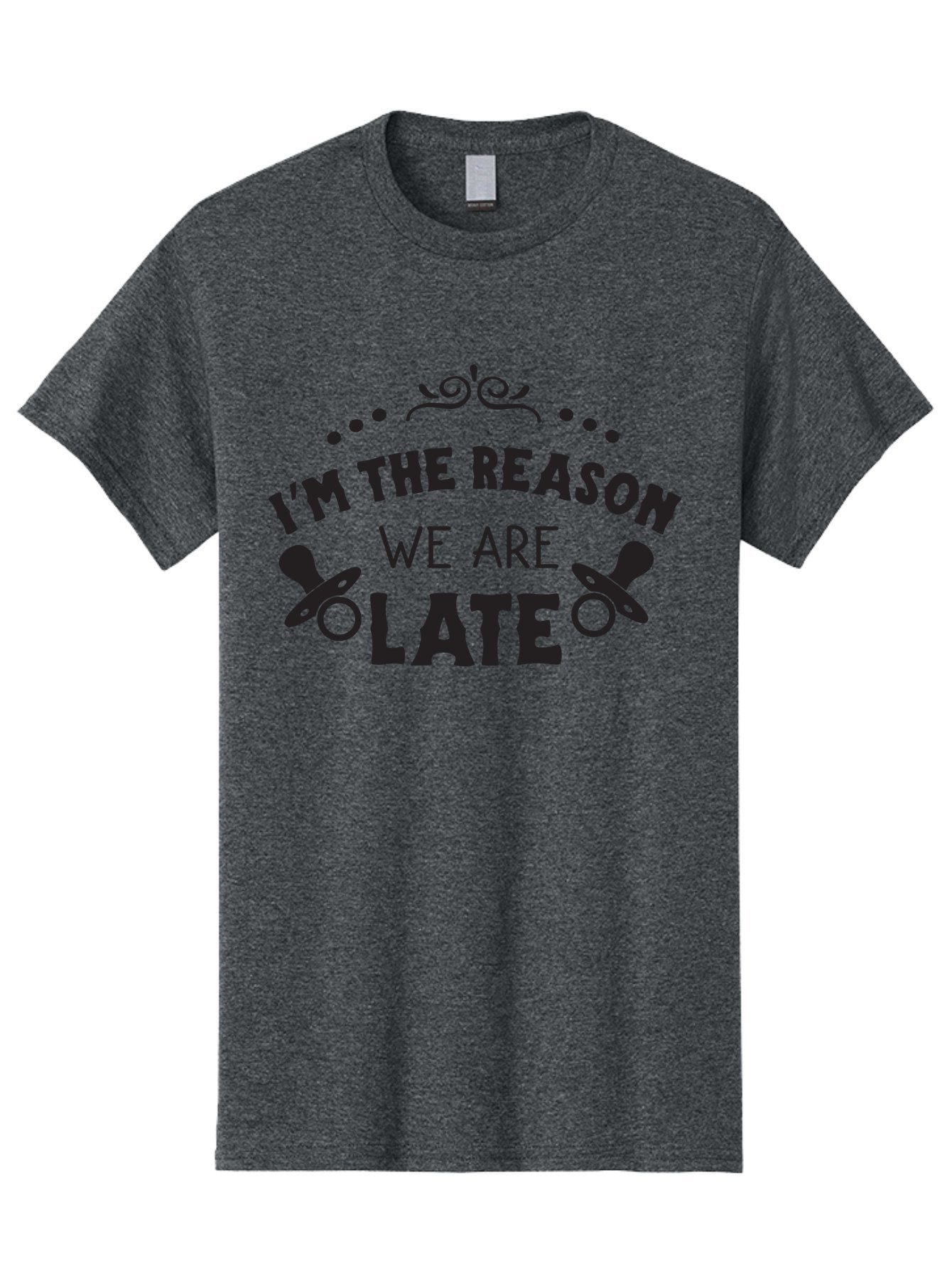 I-M-The-Reason-We-Are-Late Men'S Graphic Tee, 100% Cotton, Comfortable Casual Summer Wear, Machine Washable, Funny Baby Quote, Humorous Parenting Phrase, Adorable Pacifier Graphics, Playful Parenting Humor, Cute Baby Saying, Parenting Jokes, Aac868 10