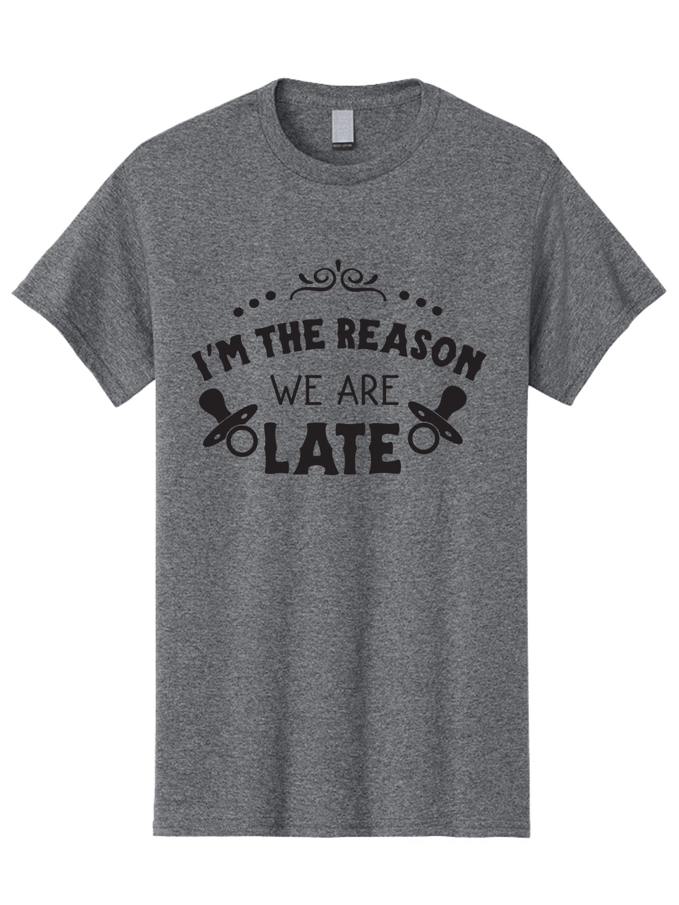I-M-The-Reason-We-Are-Late Men'S Graphic Tee, 100% Cotton, Comfortable Casual Summer Wear, Machine Washable, Funny Baby Quote, Humorous Parenting Phrase, Adorable Pacifier Graphics, Playful Parenting Humor, Cute Baby Saying, Parenting Jokes, Aac868 11