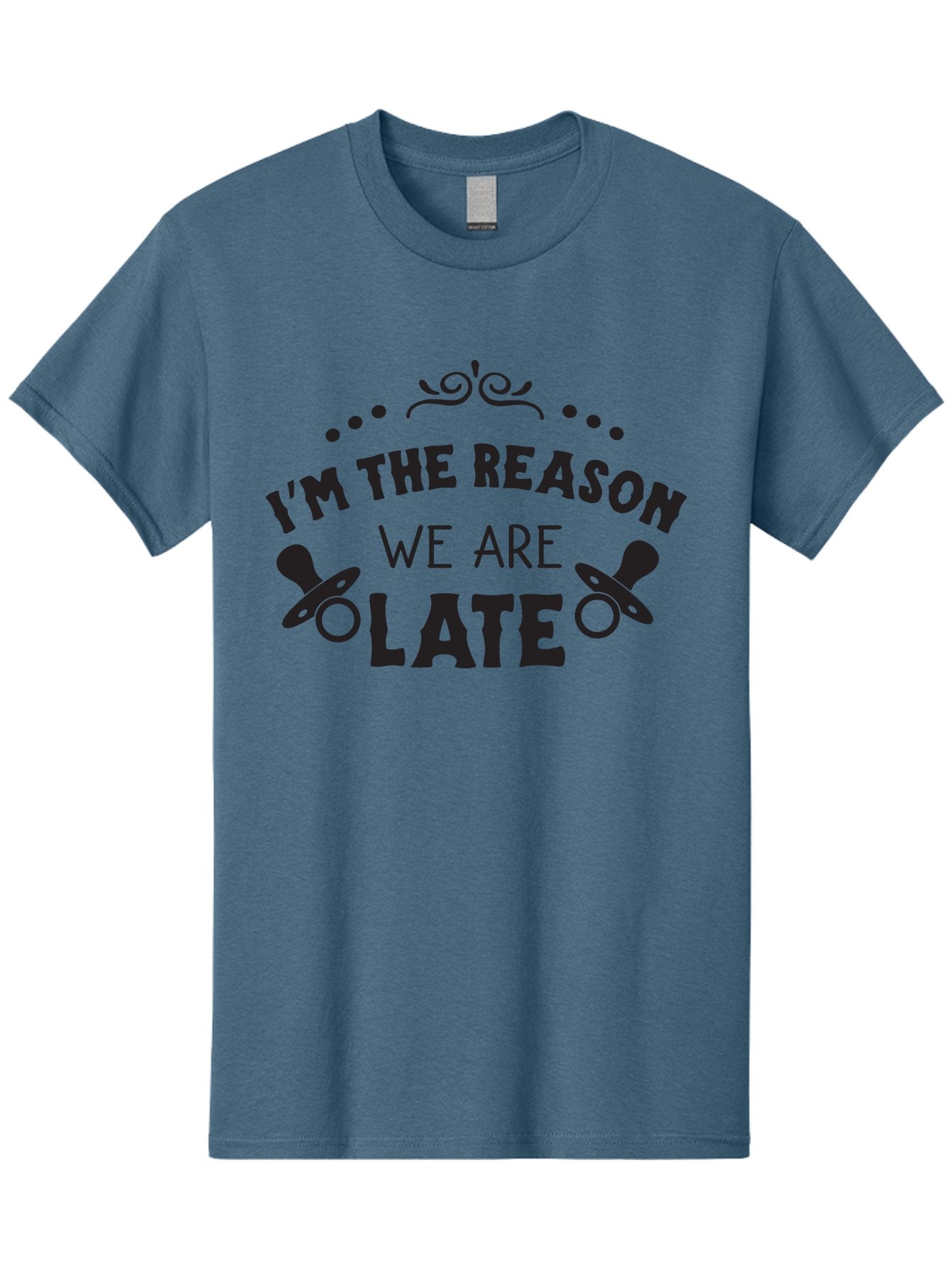 I-M-The-Reason-We-Are-Late Men'S Graphic Tee, 100% Cotton, Comfortable Casual Summer Wear, Machine Washable, Funny Baby Quote, Humorous Parenting Phrase, Adorable Pacifier Graphics, Playful Parenting Humor, Cute Baby Saying, Parenting Jokes, Aac868 12