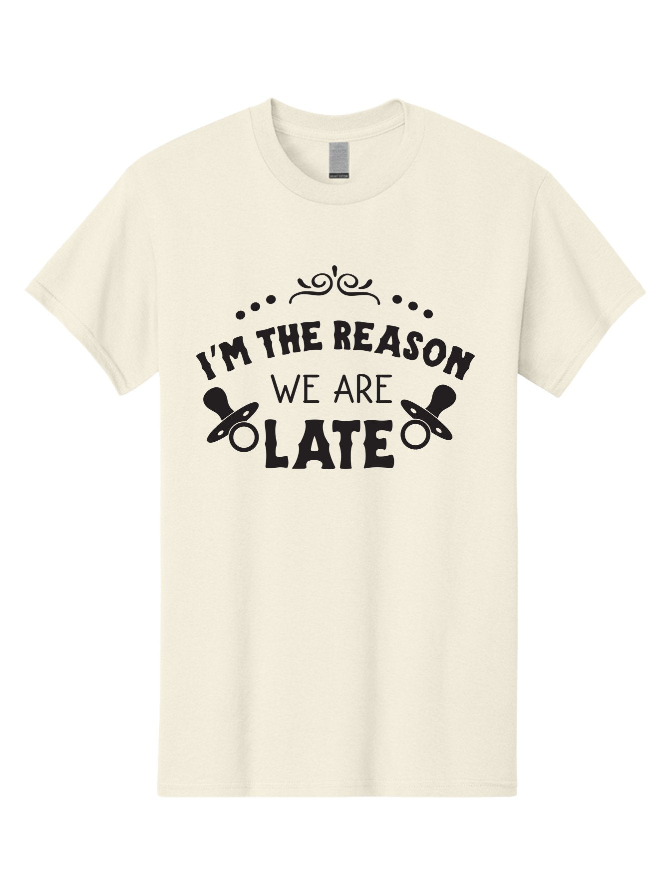 I-M-The-Reason-We-Are-Late Men'S Graphic Tee, 100% Cotton, Comfortable Casual Summer Wear, Machine Washable, Funny Baby Quote, Humorous Parenting Phrase, Adorable Pacifier Graphics, Playful Parenting Humor, Cute Baby Saying, Parenting Jokes, Aac868 14