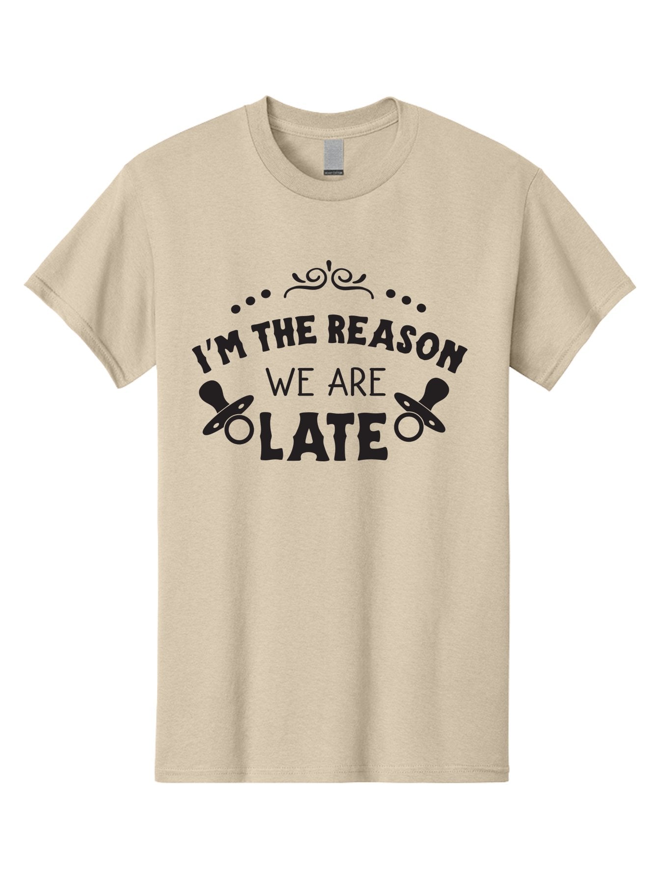 I-M-The-Reason-We-Are-Late Men'S Graphic Tee, 100% Cotton, Comfortable Casual Summer Wear, Machine Washable, Funny Baby Quote, Humorous Parenting Phrase, Adorable Pacifier Graphics, Playful Parenting Humor, Cute Baby Saying, Parenting Jokes, Aac868 13